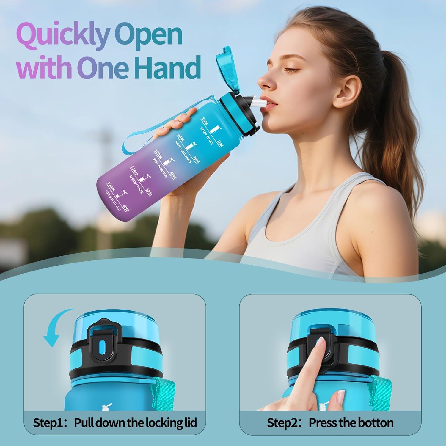 image:imageHoneyHolly Gourde 1l tanches Gourde Paille sans BPA ampamp Rutilisable Bouteille Motivation Bouteille deau Avec Marqueur de Temps Water Bottle pour Gym Ecole Cyclisme Plein air SportBleu Violet 1000 Ml
