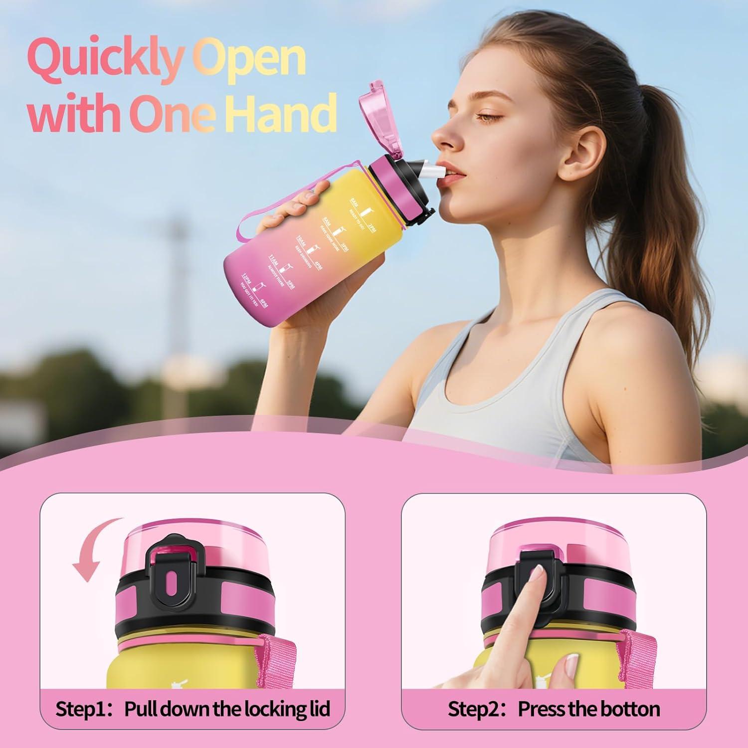 image:imageHoneyHolly Gourde 1l tanches Gourde Paille sans BPA ampamp Rutilisable Bouteille Motivation Bouteille deau Avec Marqueur de Temps Water Bottle pour Gym Ecole Cyclisme Plein air SportJaune Rose 500 Ml