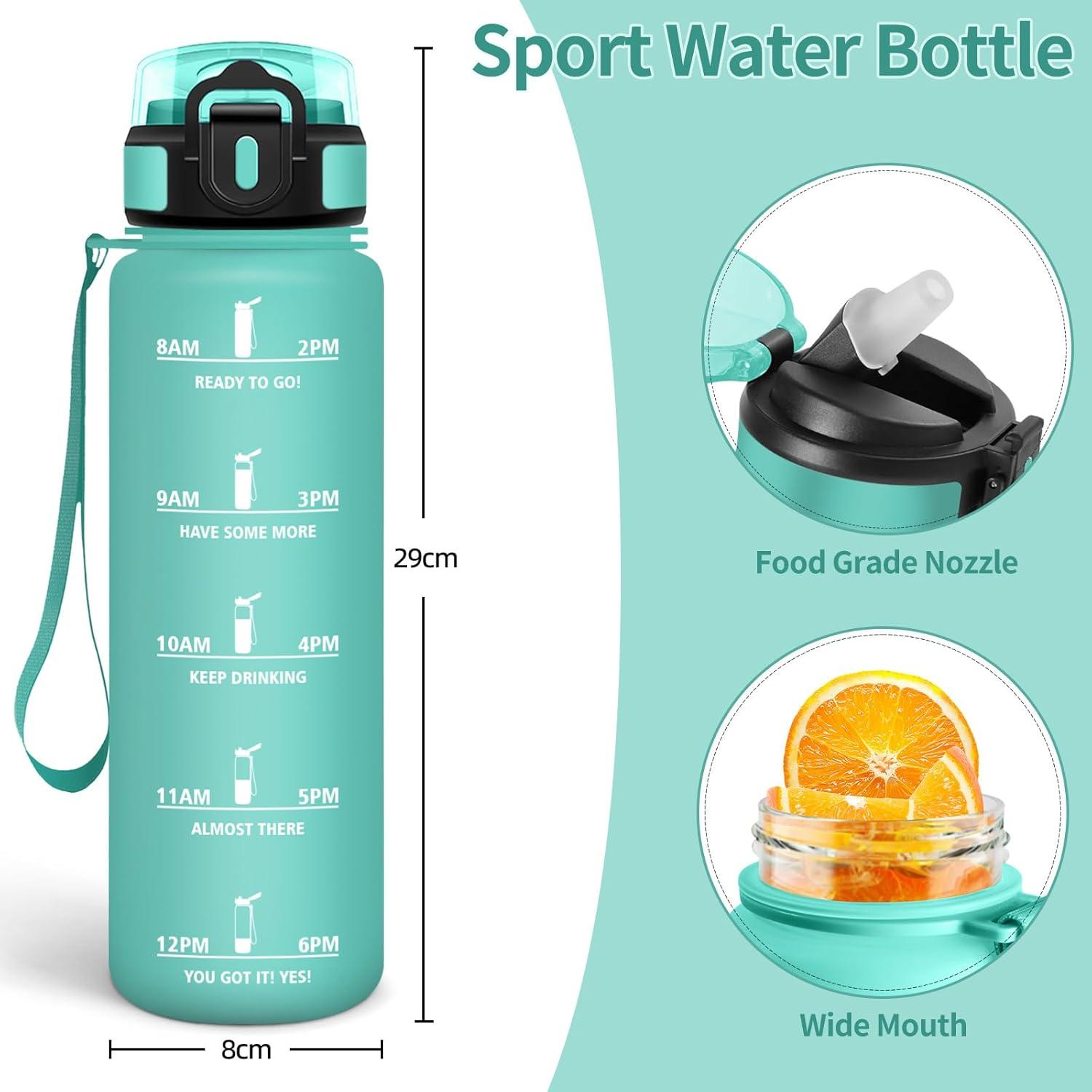 image:imageHoneyHolly Gourde 1l tanches Gourde Paille sans BPA ampamp Rutilisable Bouteille Motivation Bouteille deau Avec Marqueur de Temps Water Bottle pour Gym Ecole Cyclisme Plein air SportBleu Vert 1000 Ml