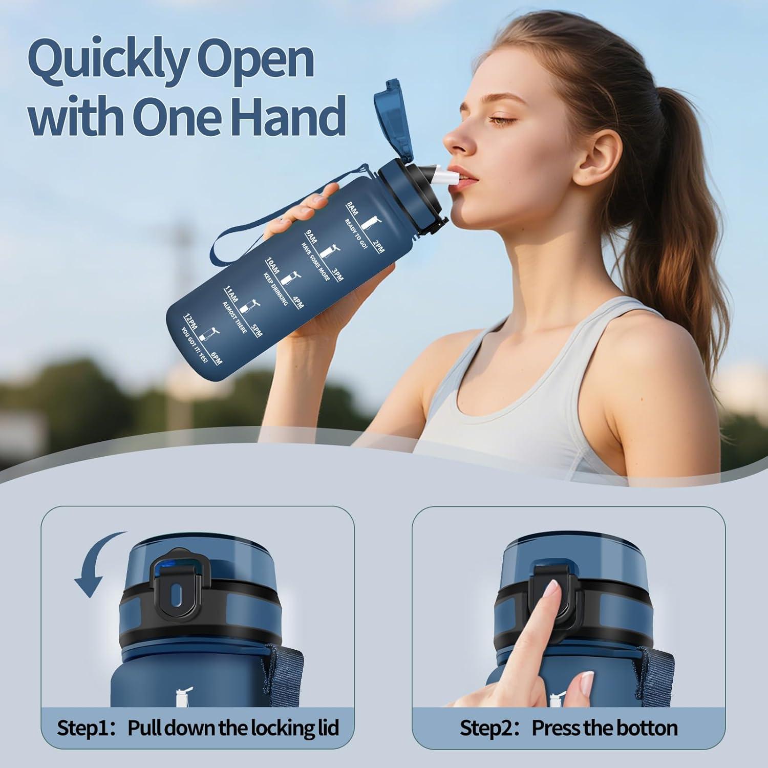 image:imageHoneyHolly Gourde 1l tanches Gourde Paille sans BPA ampamp Rutilisable Bouteille Motivation Bouteille deau Avec Marqueur de Temps Water Bottle pour Gym Ecole Cyclisme Plein air SportBleu Marine 1000 Ml