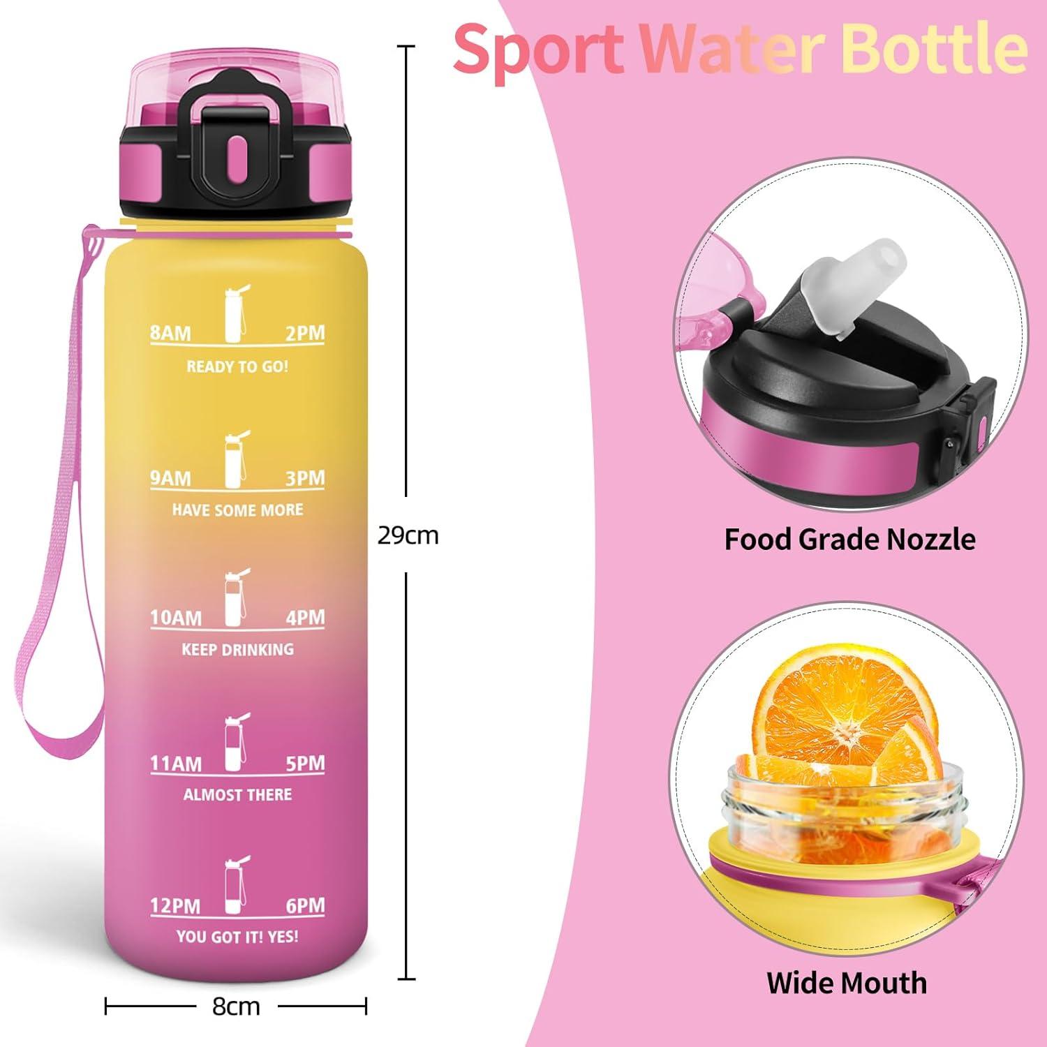image:imageHoneyHolly Gourde 1l tanches Gourde Paille sans BPA ampamp Rutilisable Bouteille Motivation Bouteille deau Avec Marqueur de Temps Water Bottle pour Gym Ecole Cyclisme Plein air SportJaune Rose 1000 Ml