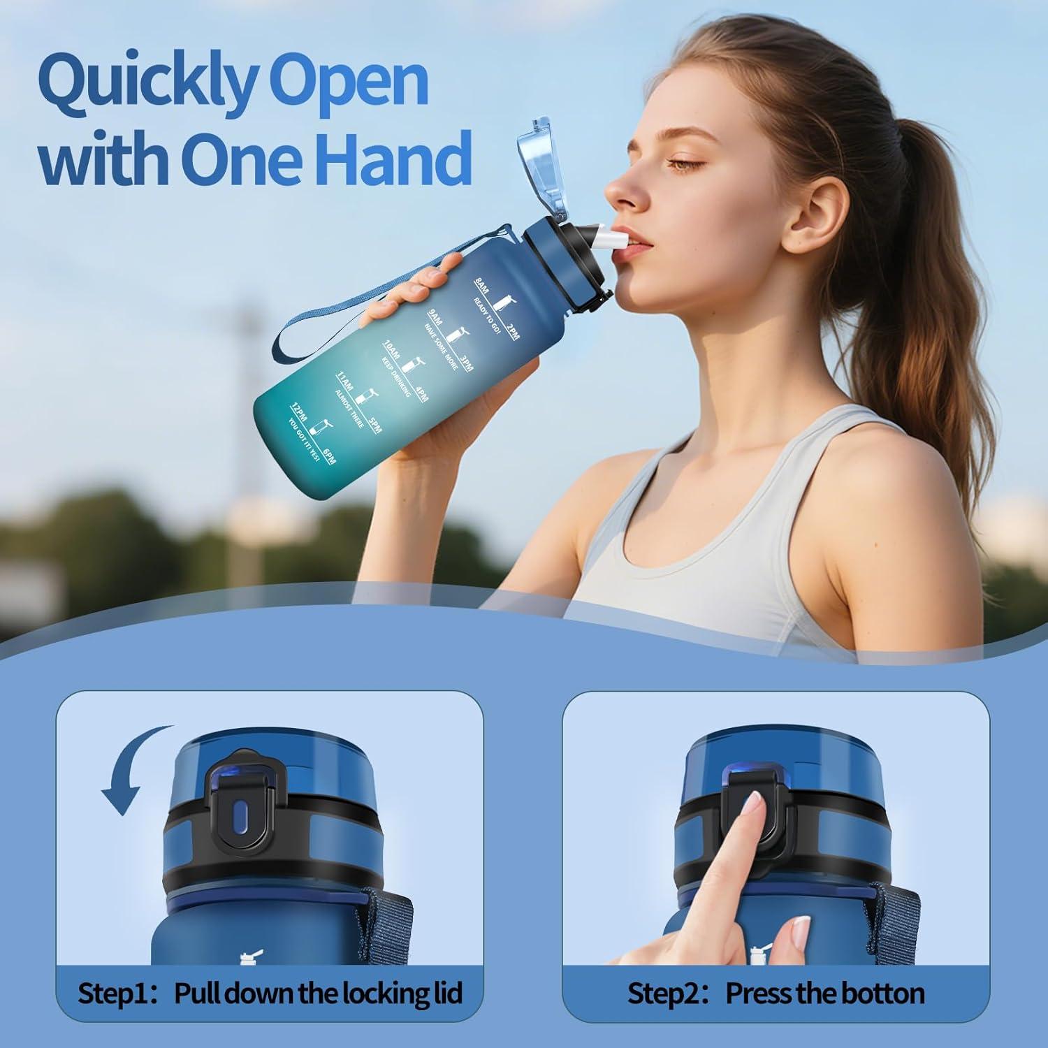 image:imageHoneyHolly Gourde 1l tanches Gourde Paille sans BPA ampamp Rutilisable Bouteille Motivation Bouteille deau Avec Marqueur de Temps Water Bottle pour Gym Ecole Cyclisme Plein air SportBleu Vert 1500 Ml