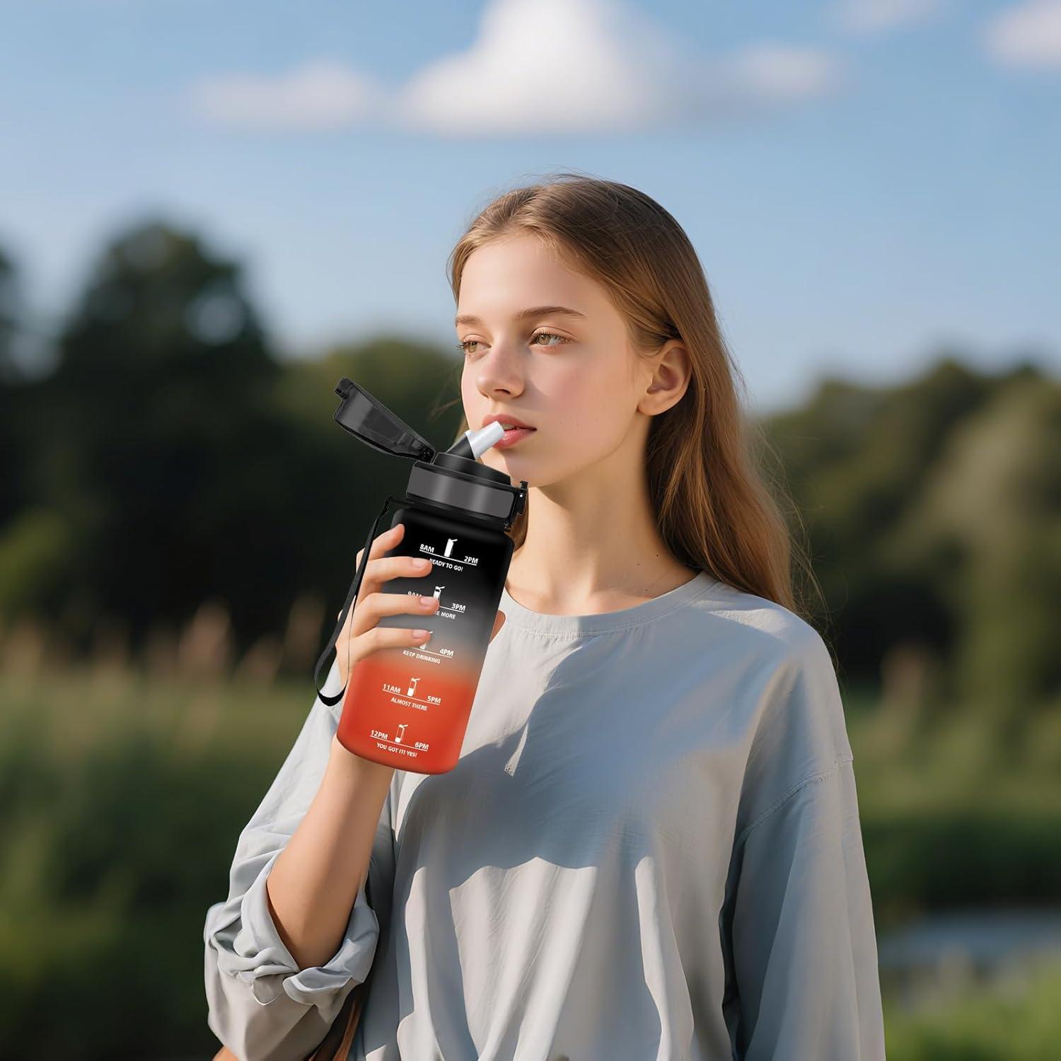 image:imageHoneyHolly Gourde 1l tanches Gourde Paille sans BPA ampamp Rutilisable Bouteille Motivation Bouteille deau Avec Marqueur de Temps Water Bottle pour Gym Ecole Cyclisme Plein air SportNoir Rouge 500 Ml