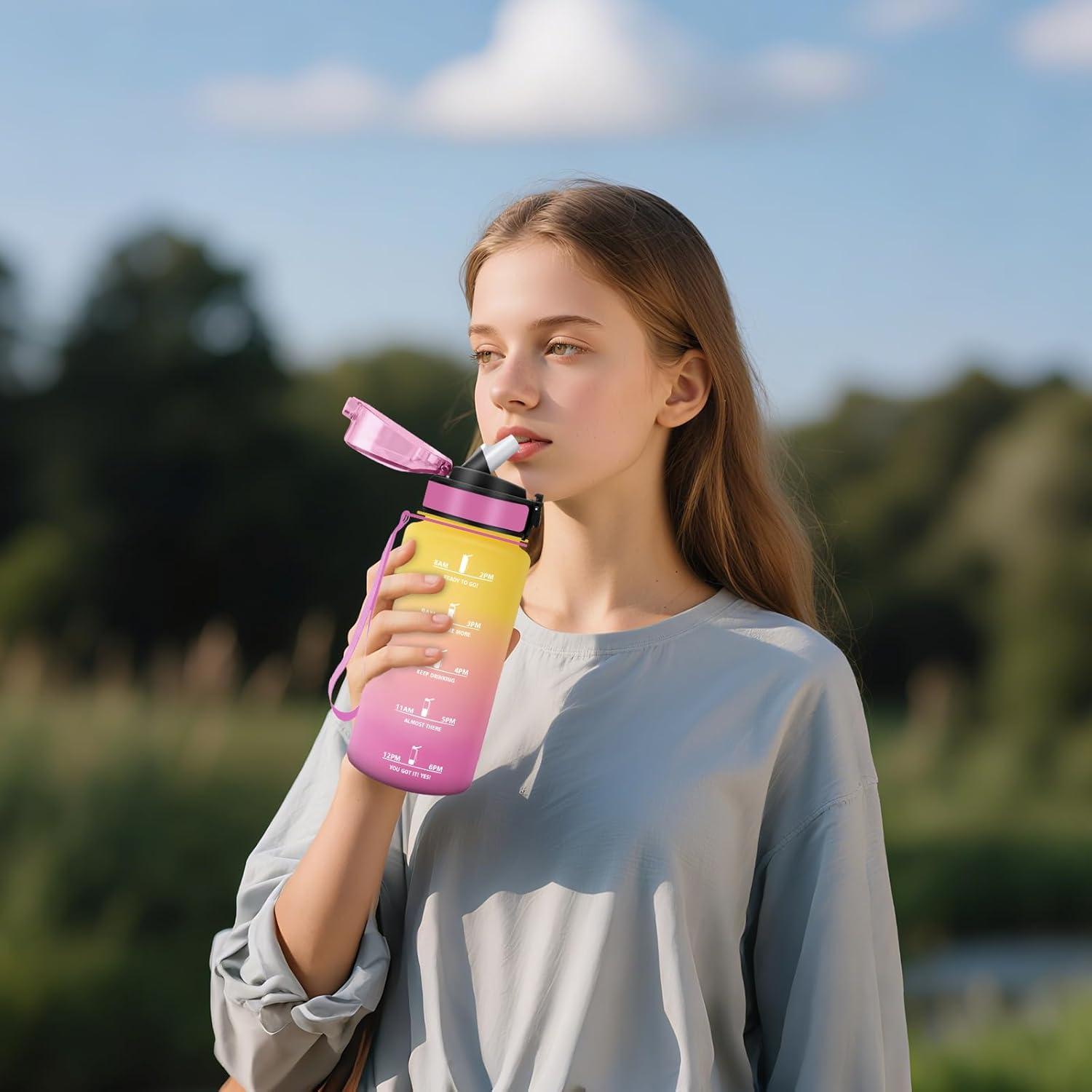 image:imageHoneyHolly Gourde 1l tanches Gourde Paille sans BPA ampamp Rutilisable Bouteille Motivation Bouteille deau Avec Marqueur de Temps Water Bottle pour Gym Ecole Cyclisme Plein air SportJaune Rose 500 Ml