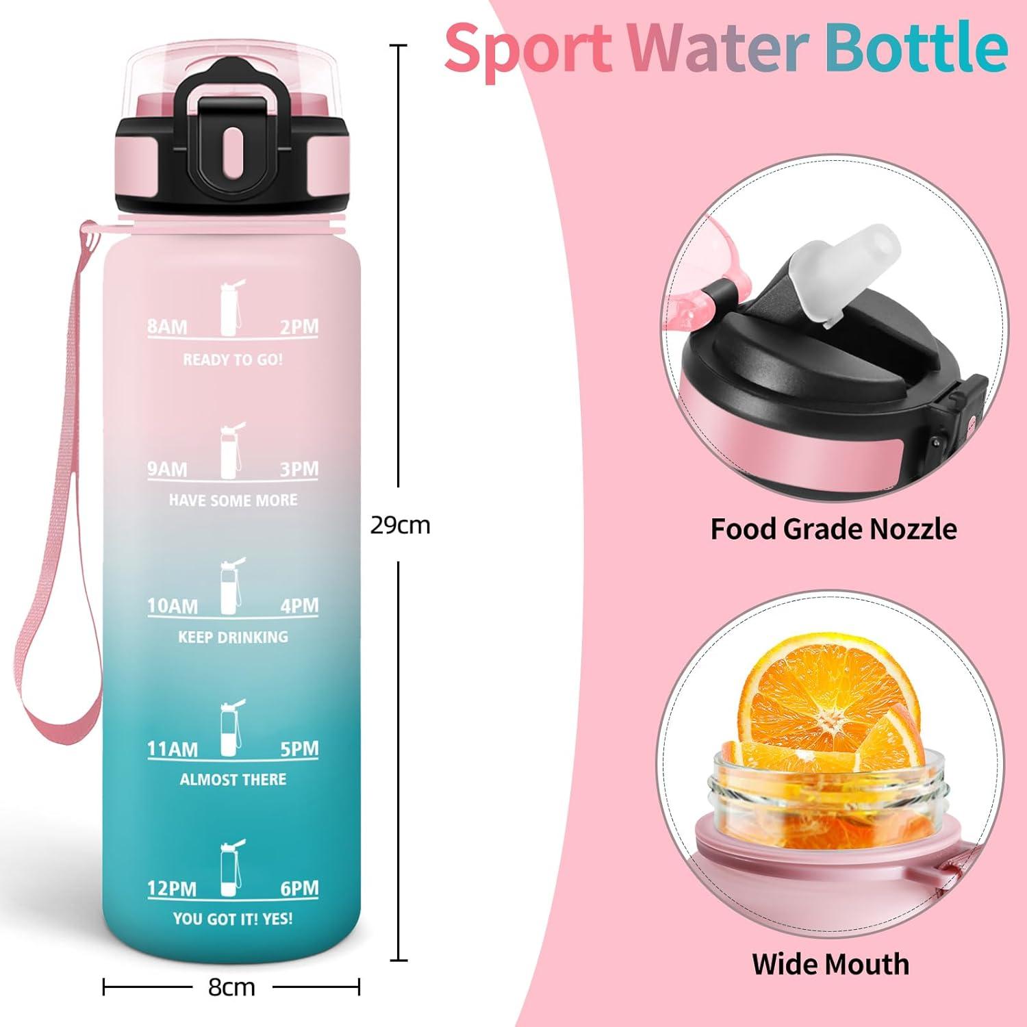 image:imageHoneyHolly Gourde 1l tanches Gourde Paille sans BPA ampamp Rutilisable Bouteille Motivation Bouteille deau Avec Marqueur de Temps Water Bottle pour Gym Ecole Cyclisme Plein air SportRose Cyan 1000 Ml