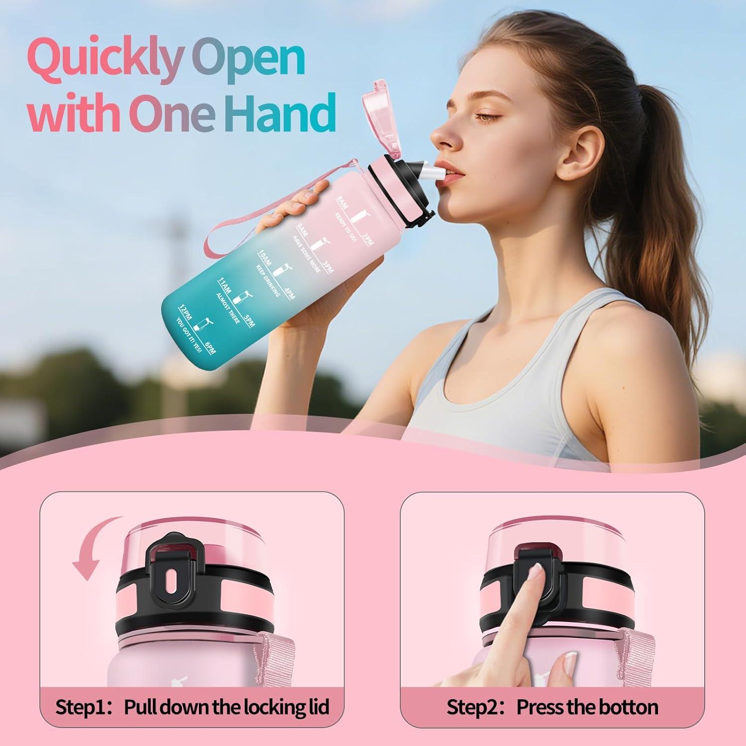 image:imageHoneyHolly Gourde 1l tanches Gourde Paille sans BPA ampamp Rutilisable Bouteille Motivation Bouteille deau Avec Marqueur de Temps Water Bottle pour Gym Ecole Cyclisme Plein air SportRose Cyan 1000 Ml