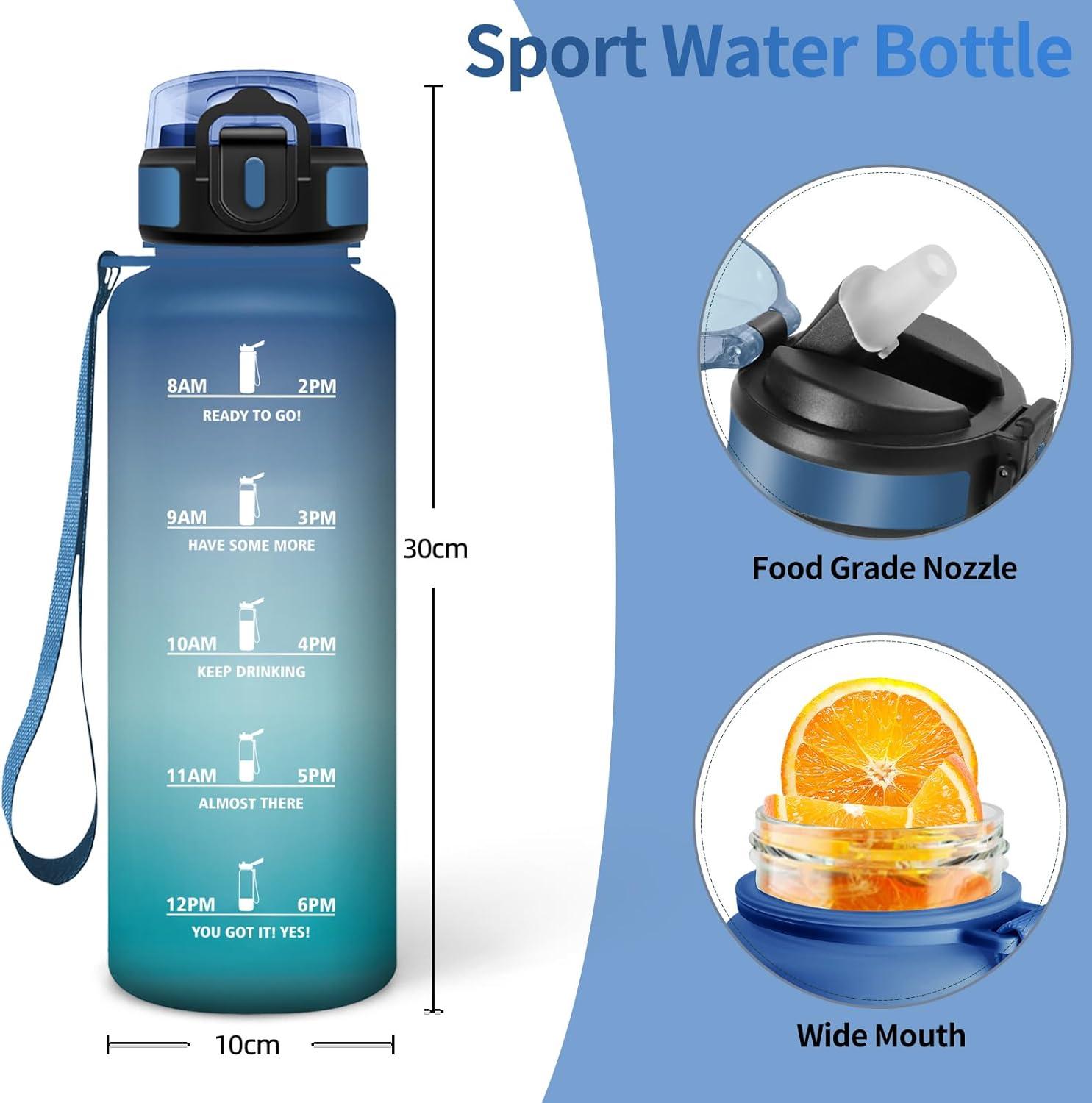 image:imageHoneyHolly Gourde 1l tanches Gourde Paille sans BPA ampamp Rutilisable Bouteille Motivation Bouteille deau Avec Marqueur de Temps Water Bottle pour Gym Ecole Cyclisme Plein air SportBleu Vert 1500 Ml