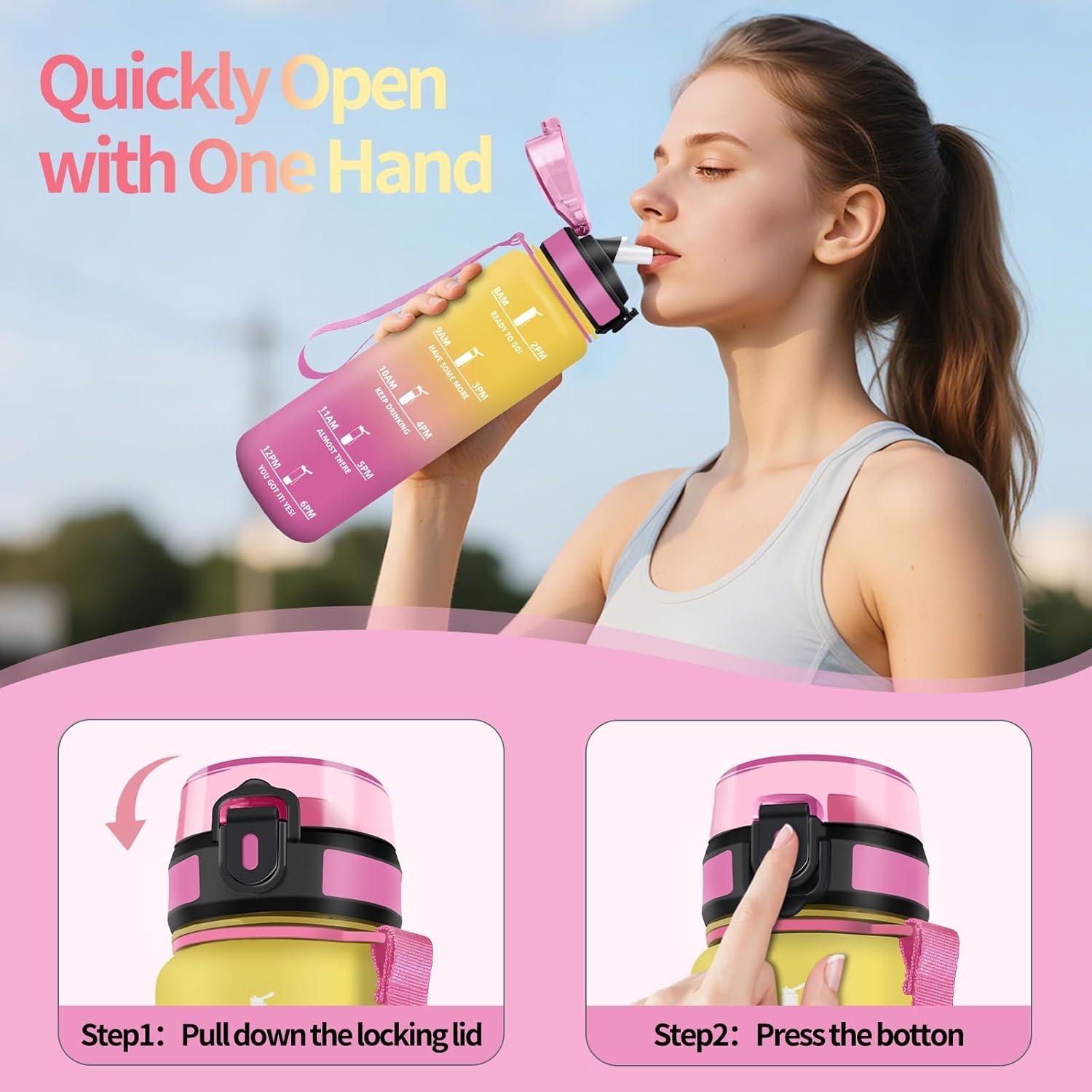 image:imageHoneyHolly Gourde 1l tanches Gourde Paille sans BPA ampamp Rutilisable Bouteille Motivation Bouteille deau Avec Marqueur de Temps Water Bottle pour Gym Ecole Cyclisme Plein air SportJaune Rose 1000 Ml