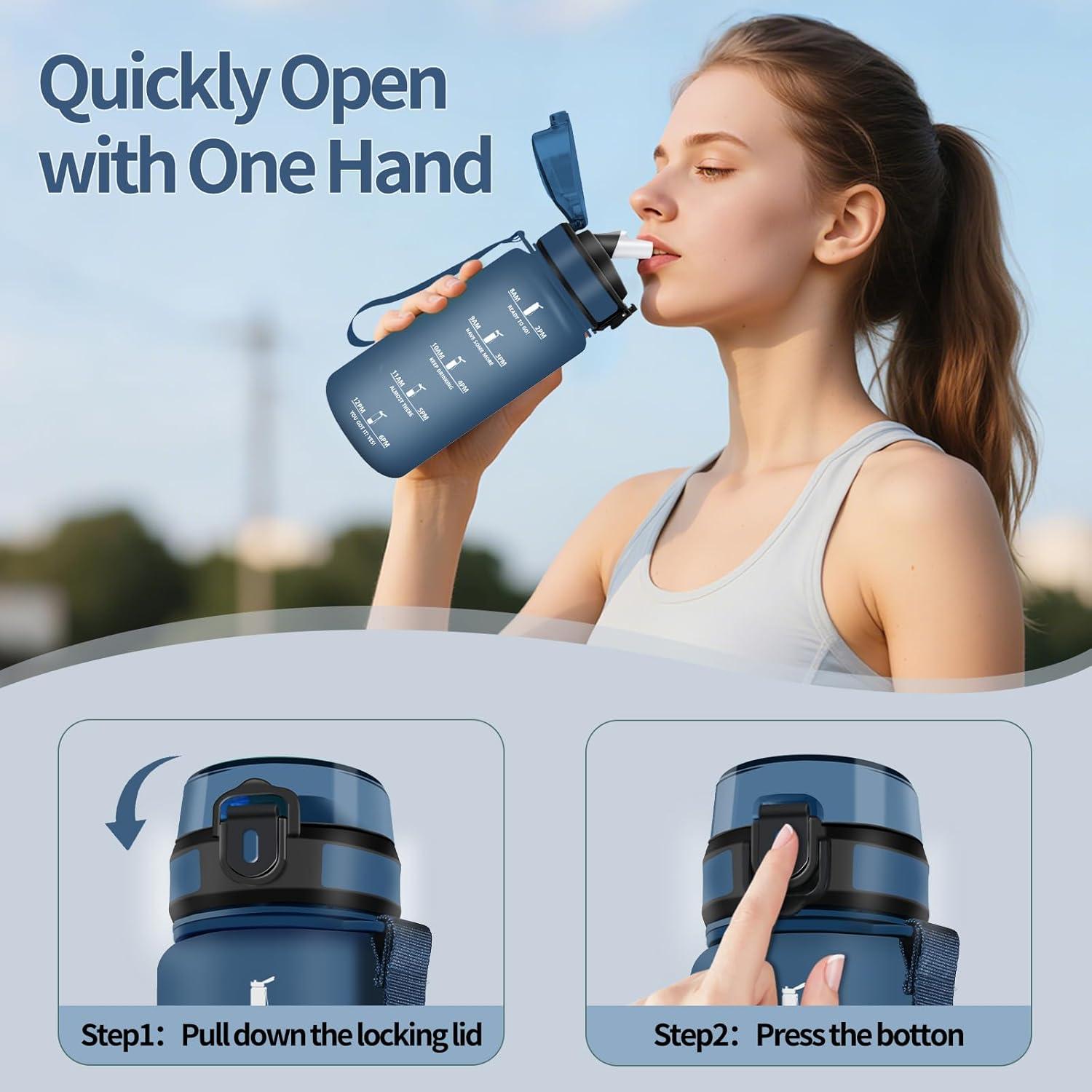 image:imageHoneyHolly Gourde 1l tanches Gourde Paille sans BPA ampamp Rutilisable Bouteille Motivation Bouteille deau Avec Marqueur de Temps Water Bottle pour Gym Ecole Cyclisme Plein air SportBleu Marine 500 Ml