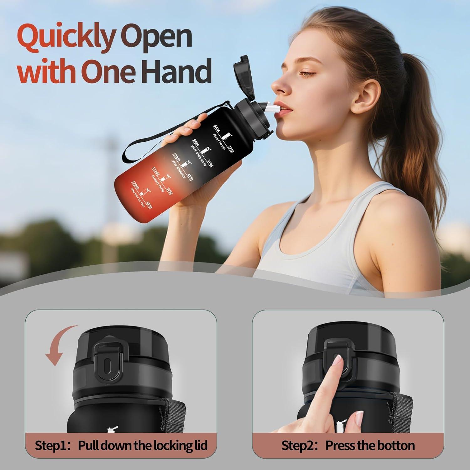 image:imageHoneyHolly Gourde 1l tanches Gourde Paille sans BPA ampamp Rutilisable Bouteille Motivation Bouteille deau Avec Marqueur de Temps Water Bottle pour Gym Ecole Cyclisme Plein air SportNoir Rouge 1000 Ml