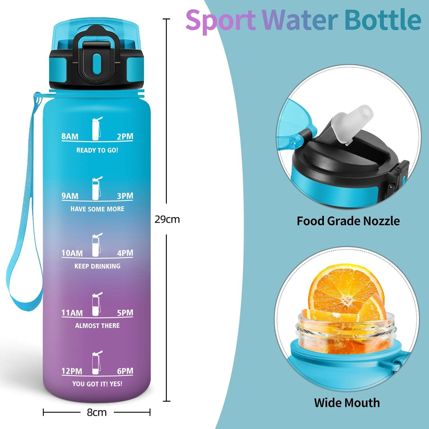 image:imageHoneyHolly Gourde 1l tanches Gourde Paille sans BPA ampamp Rutilisable Bouteille Motivation Bouteille deau Avec Marqueur de Temps Water Bottle pour Gym Ecole Cyclisme Plein air SportBleu Violet 1000 Ml