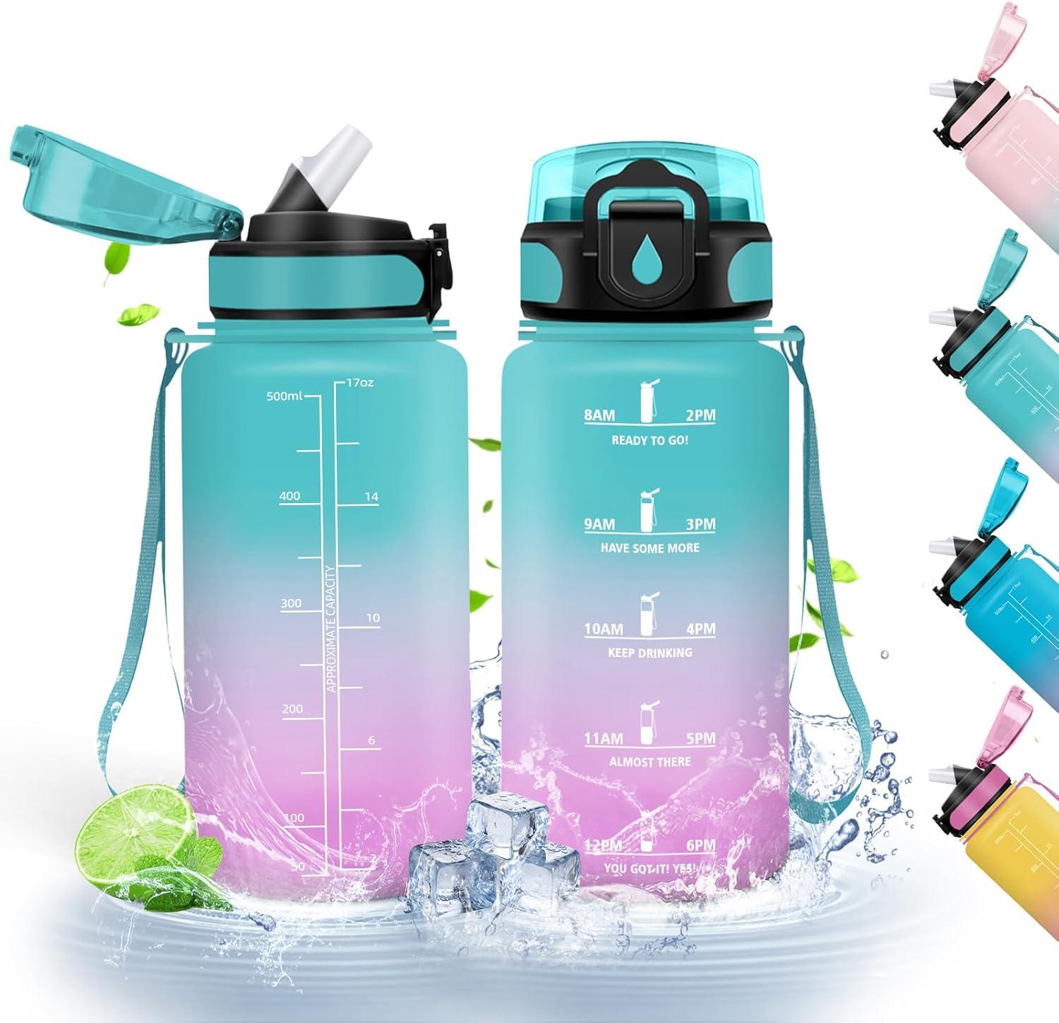 image:imageHoneyHolly Gourde Paille 500ml sans BPA ampamp tanches Bouteille Motivation Bouteille deau Avec Marqueur de Temps Petite Gourde pour Gym Ecole Cyclisme Plein Air SportVertpoudre 0 5 L