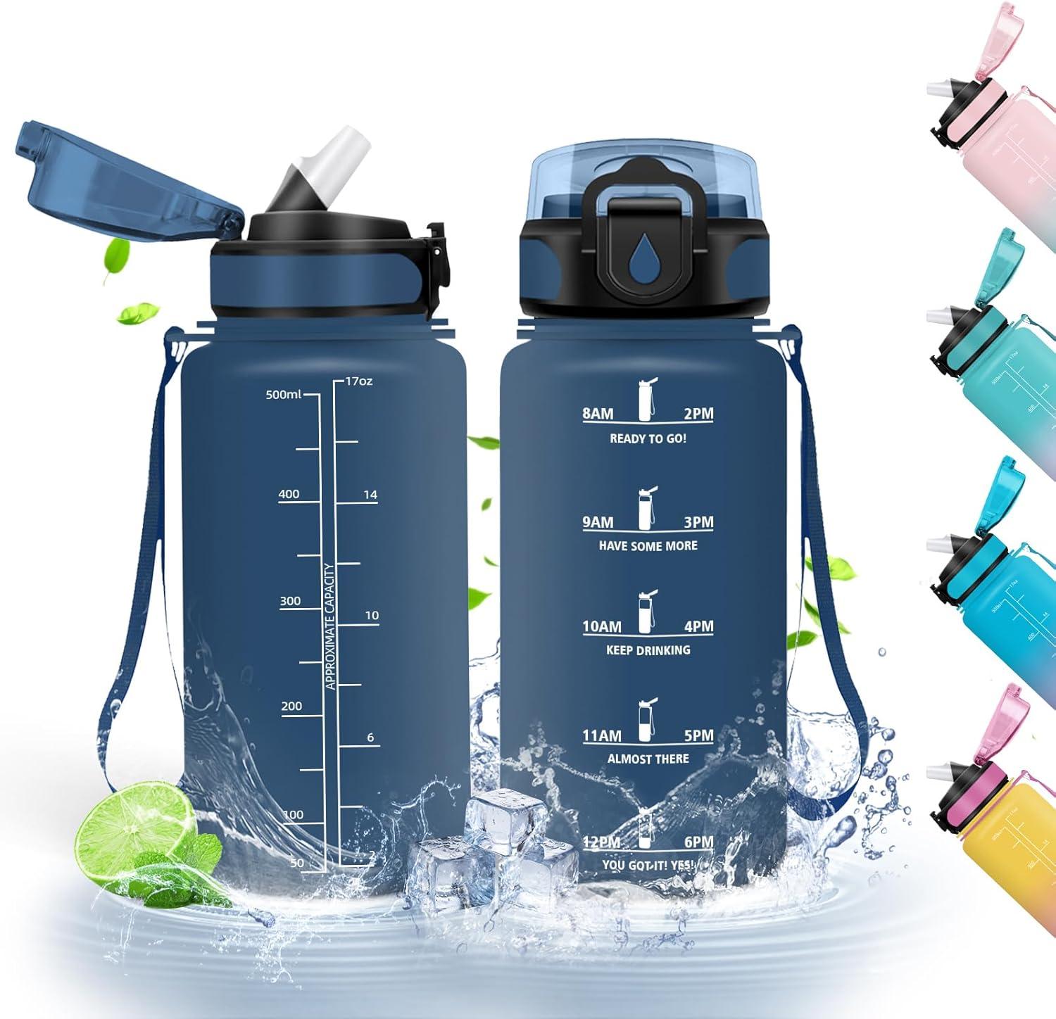 image:imageHoneyHolly Gourde Paille 500ml sans BPA ampamp tanches Bouteille Motivation Bouteille deau Avec Marqueur de Temps Petite Gourde pour Gym Ecole Cyclisme Plein Air SportBleu Marine 0 5 L