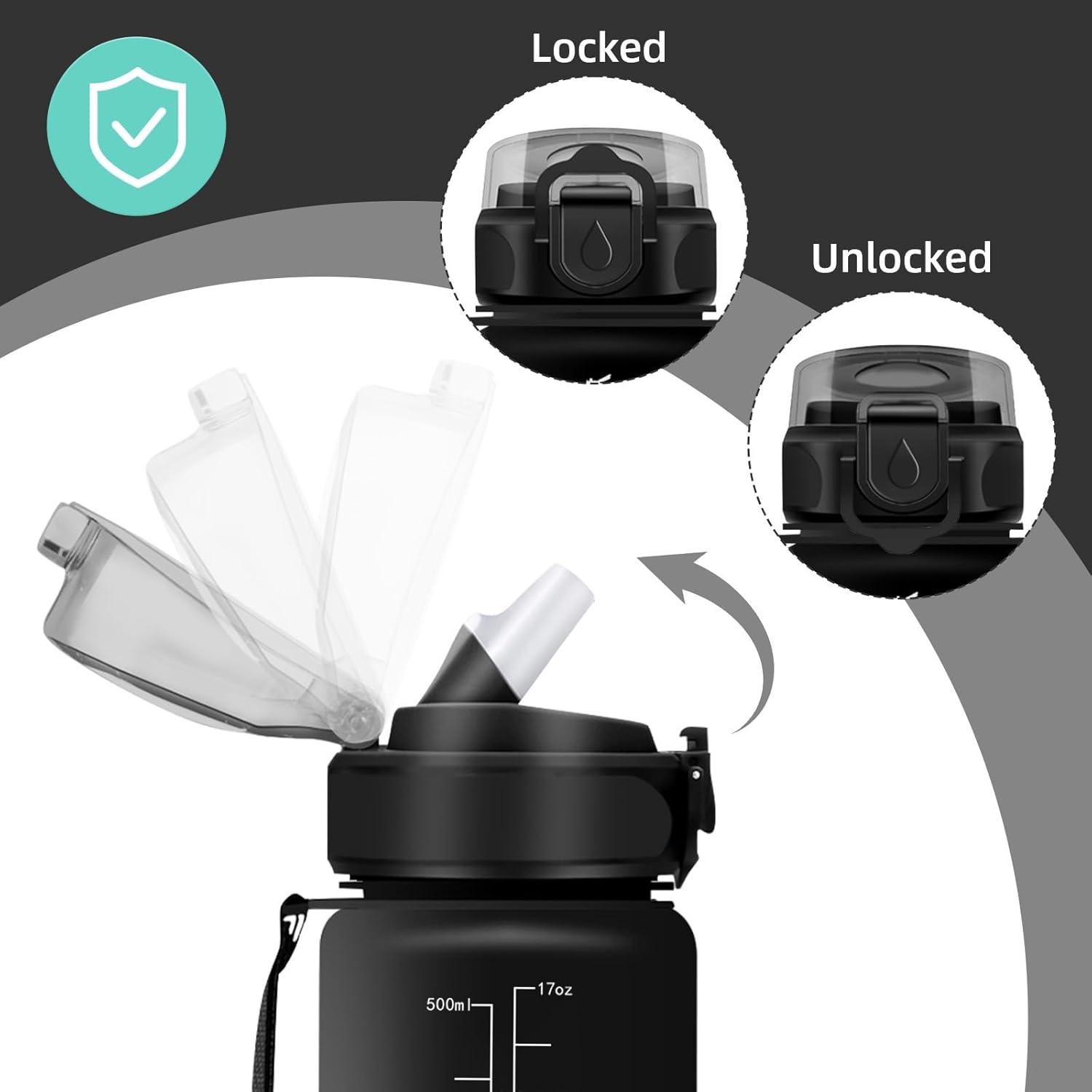 image:imageHoneyHolly Gourde Paille 500ml sans BPA ampamp tanches Bouteille Motivation Bouteille deau Avec Marqueur de Temps Petite Gourde pour Gym Ecole Cyclisme Plein Air SportNoir 0 5 L