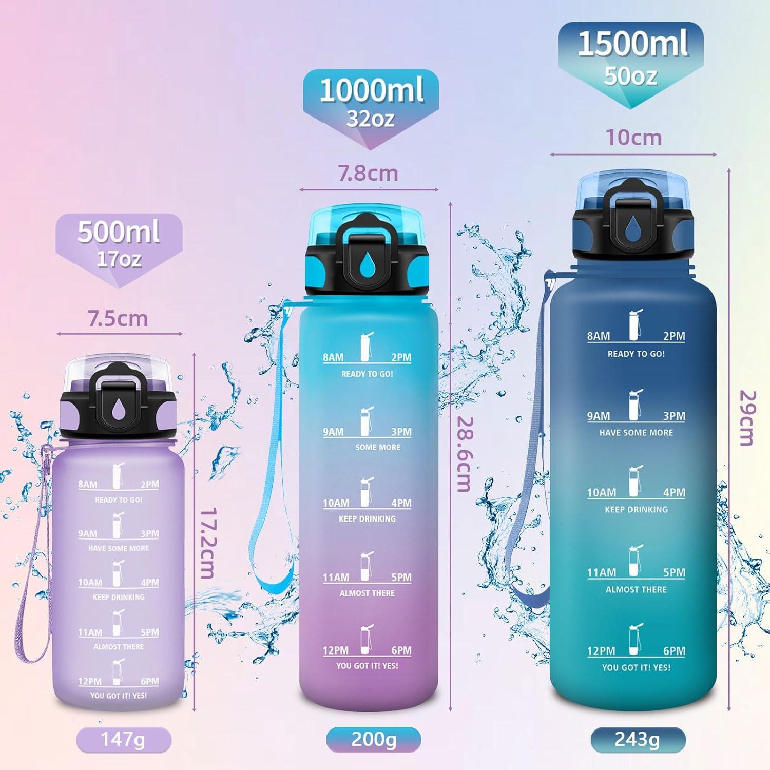 image:imageHoneyHolly Gourde Paille 500ml sans BPA ampamp tanches Bouteille Motivation Bouteille deau Avec Marqueur de Temps Petite Gourde pour Gym Ecole Cyclisme Plein Air SportNoir 0 5 L