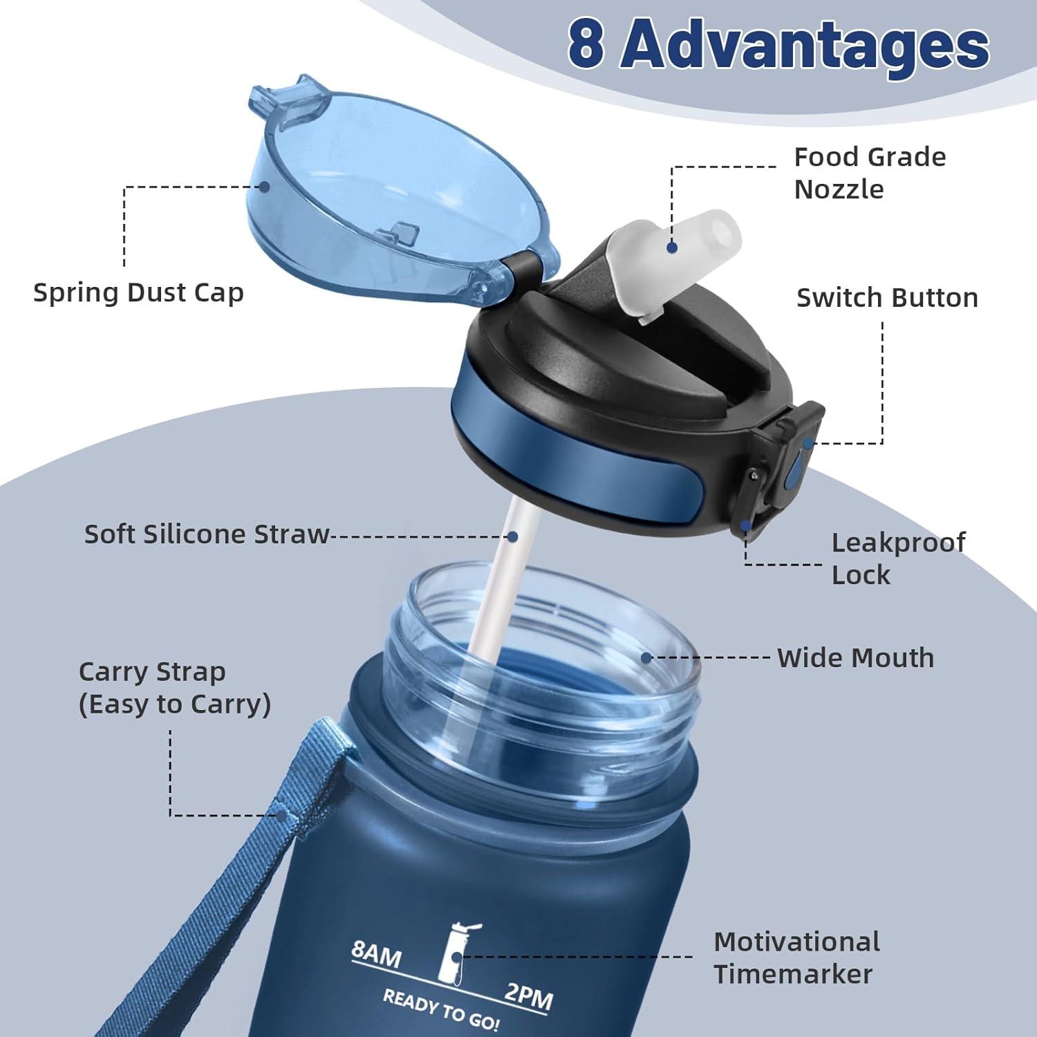 image:imageHoneyHolly Gourde Paille 500ml sans BPA ampamp tanches Bouteille Motivation Bouteille deau Avec Marqueur de Temps Petite Gourde pour Gym Ecole Cyclisme Plein Air SportBleu Marine 0 5 L