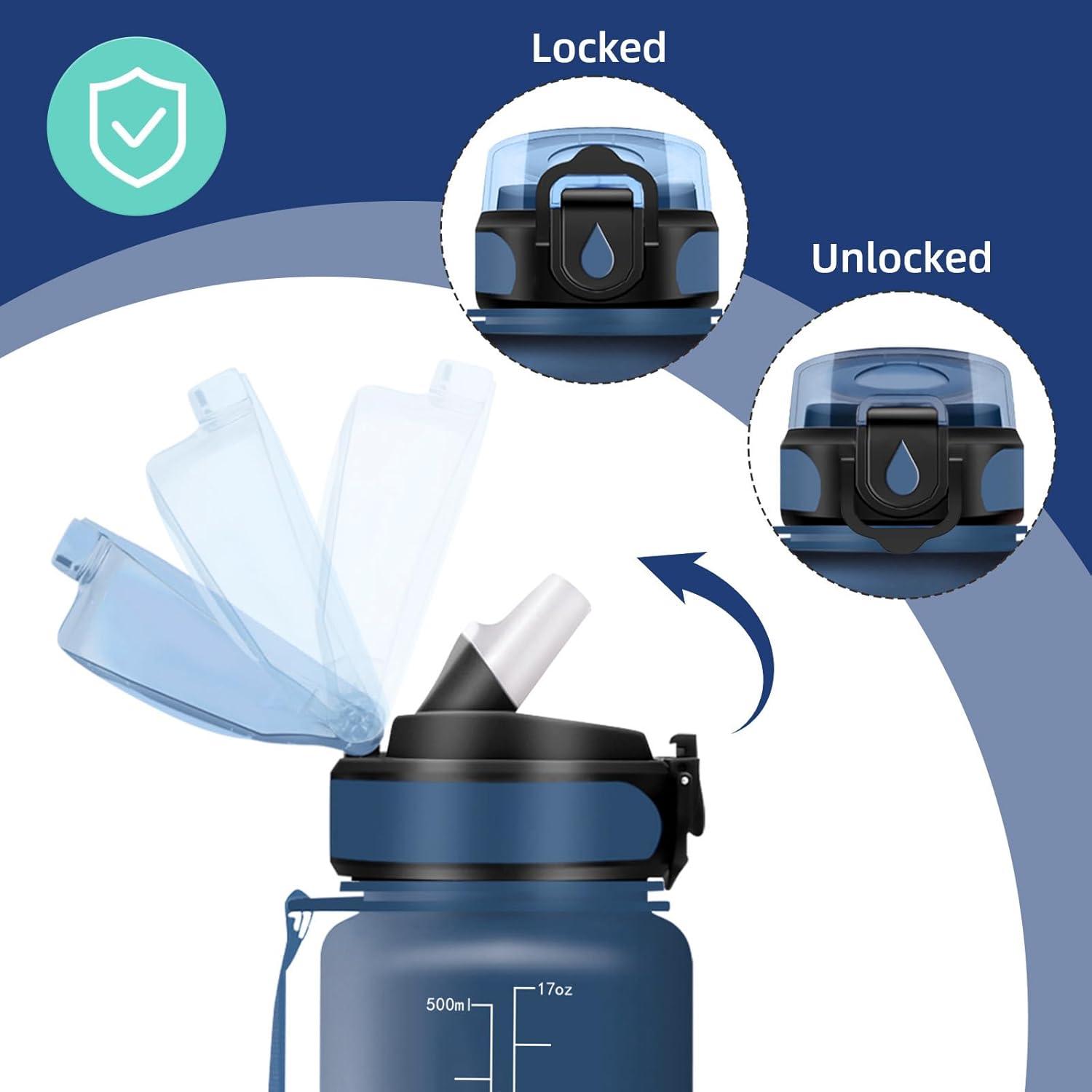 image:imageHoneyHolly Gourde Paille 500ml sans BPA ampamp tanches Bouteille Motivation Bouteille deau Avec Marqueur de Temps Petite Gourde pour Gym Ecole Cyclisme Plein Air SportBleu Marine 0 5 L