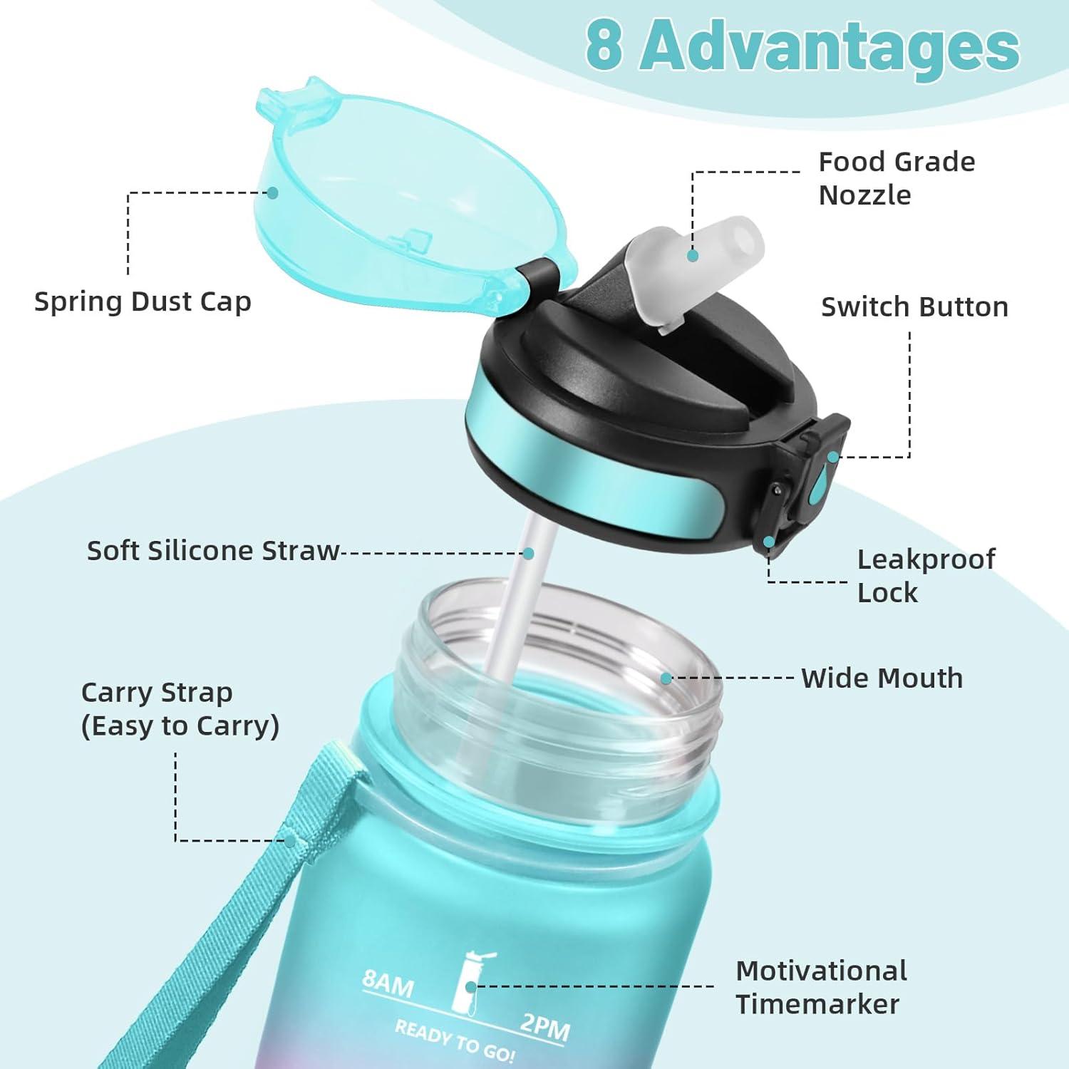 image:imageHoneyHolly Gourde Paille 500ml sans BPA ampamp tanches Bouteille Motivation Bouteille deau Avec Marqueur de Temps Petite Gourde pour Gym Ecole Cyclisme Plein Air SportVertpoudre 0 5 L