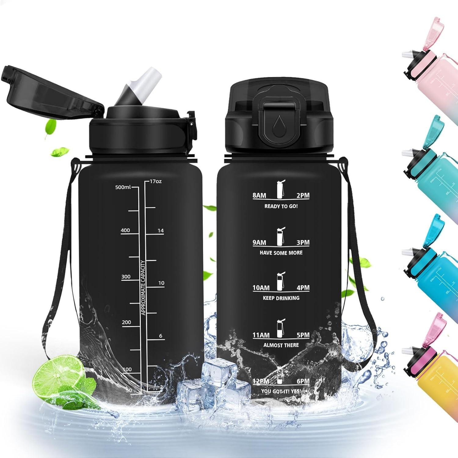 image:imageHoneyHolly Gourde Paille 500ml sans BPA ampamp tanches Bouteille Motivation Bouteille deau Avec Marqueur de Temps Petite Gourde pour Gym Ecole Cyclisme Plein Air SportNoir 0 5 L