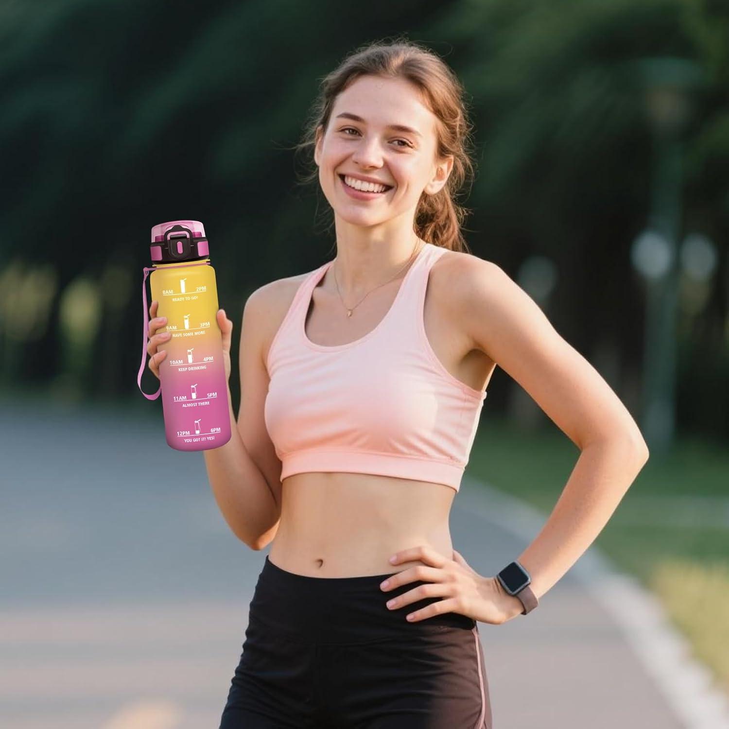 image:imageMotswedi Gourde Sport 1000ml AntiFuite Gourde avec Paille sans BPA Gourde Paille Rutilisable Gourde Facile Transporter Bouteille deau pour Yoga Camping Cyclisme Fitness Jaune RoseJaune Rose