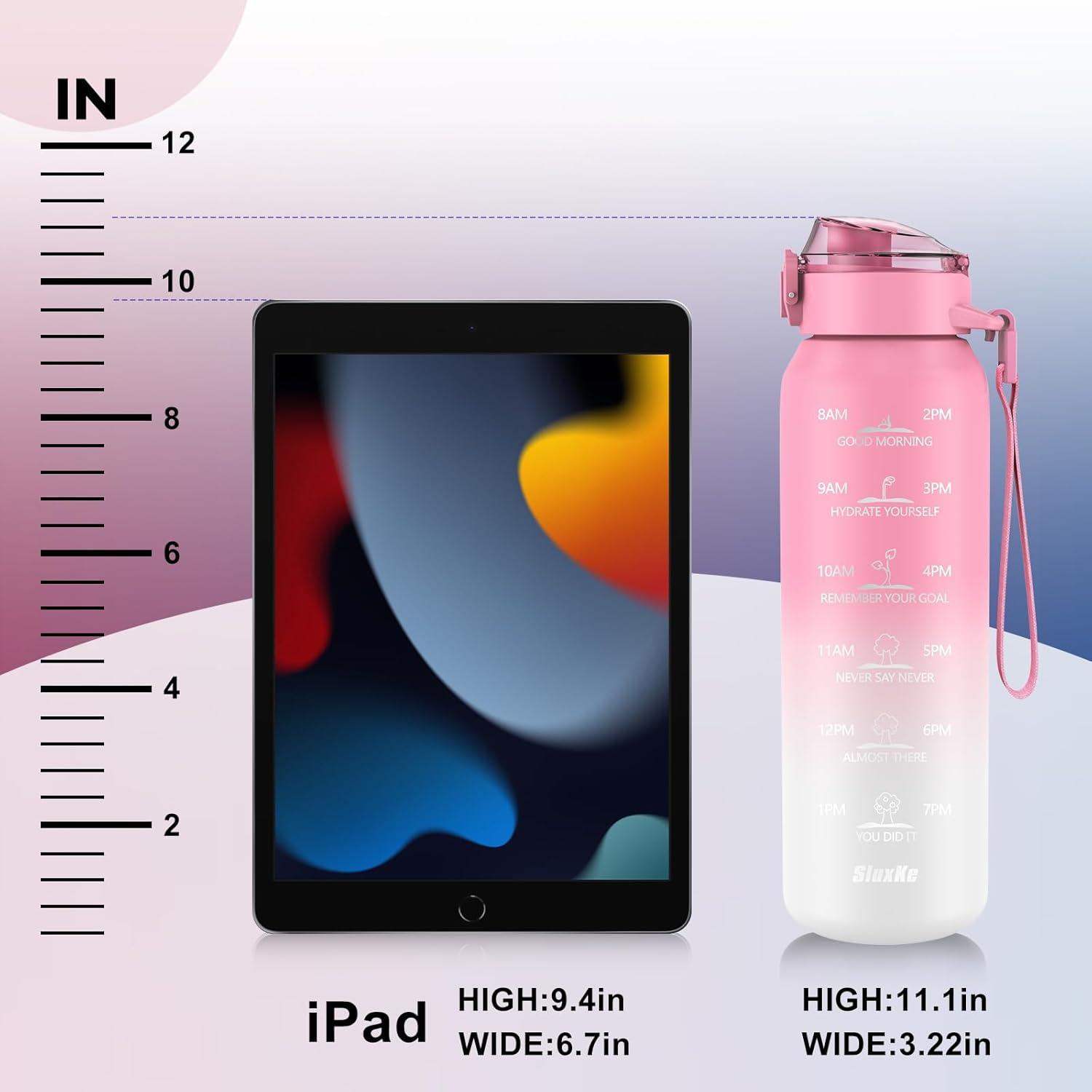 image:imageSLUXKE Gourde Inox 1L avec Marquage De Temps 1000ml Gourde en 1810 Acier Inoxydable avec Handle Rutilisables tanche sans BPA pour Adulte Sport Gym Voyage Bleu BleuBlanc Rose