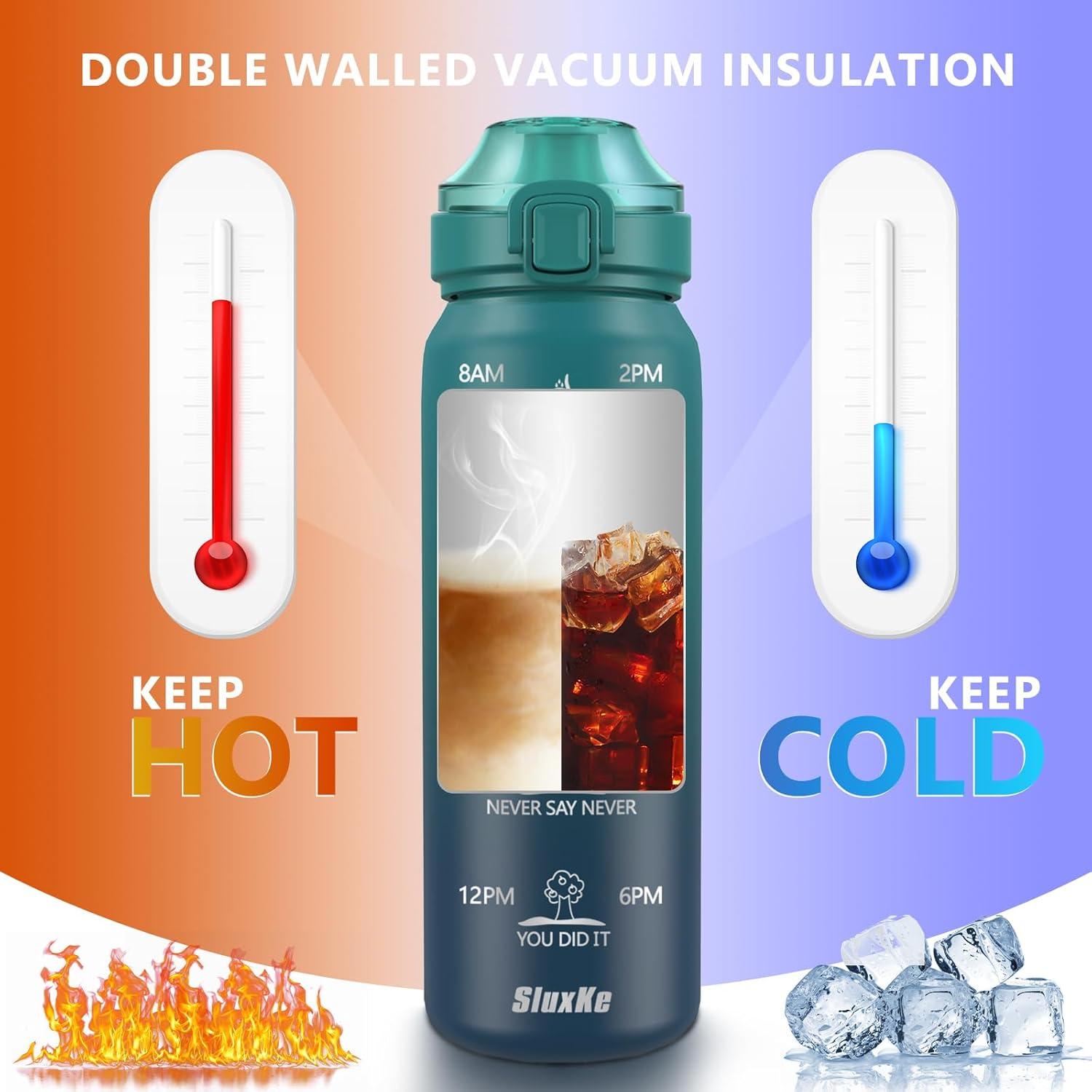 image:imageSLUXKE Gourde Inox 1L avec Marquage De Temps 1000ml Gourde en 1810 Acier Inoxydable avec Handle Rutilisables tanche sans BPA pour Adulte Sport Gym Voyage Bleu BleuBleu Bleu