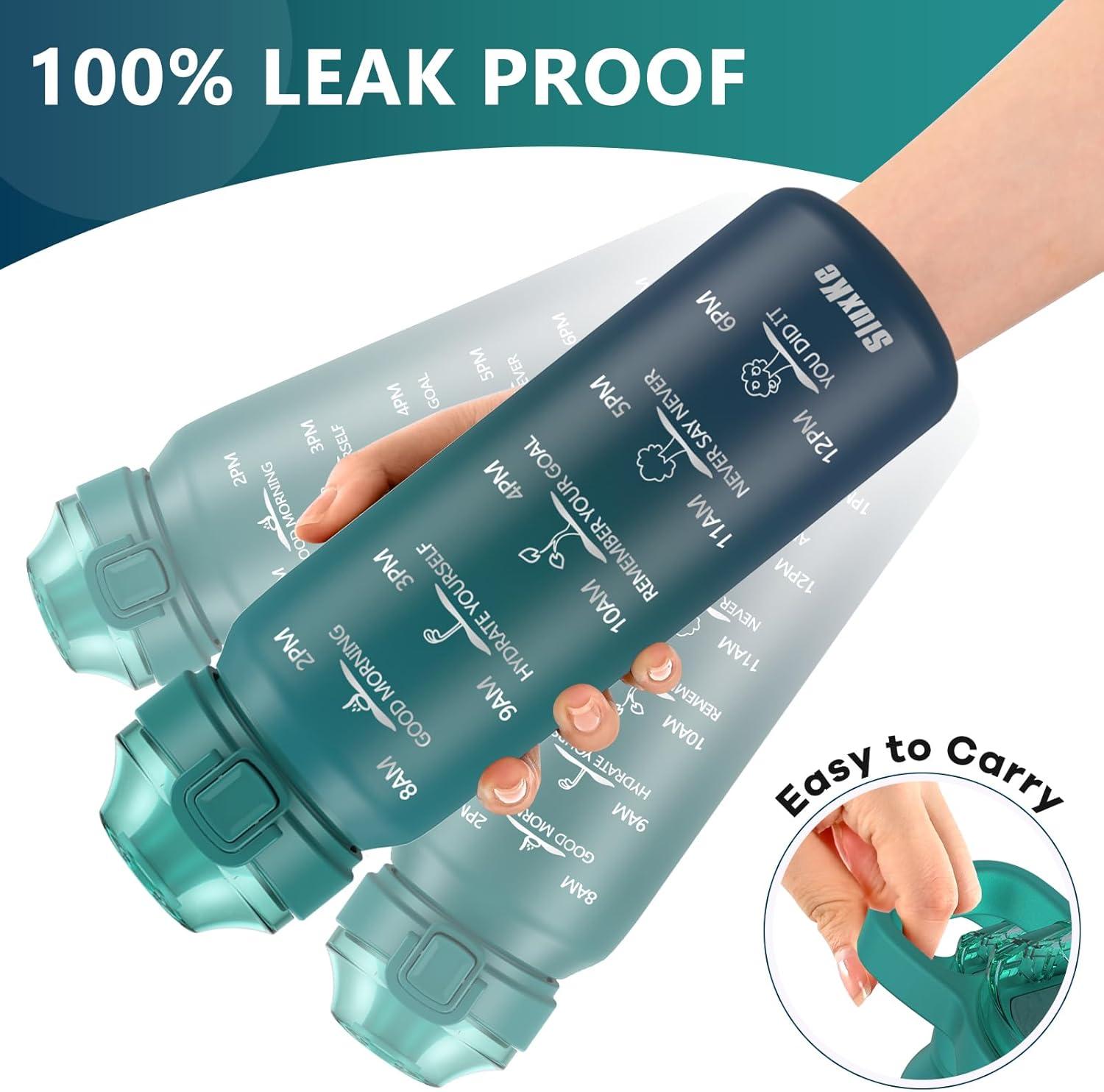 image:imageSLUXKE Gourde Inox 1L avec Marquage De Temps 1000ml Gourde en 1810 Acier Inoxydable avec Handle Rutilisables tanche sans BPA pour Adulte Sport Gym Voyage Bleu BleuBleu Bleu
