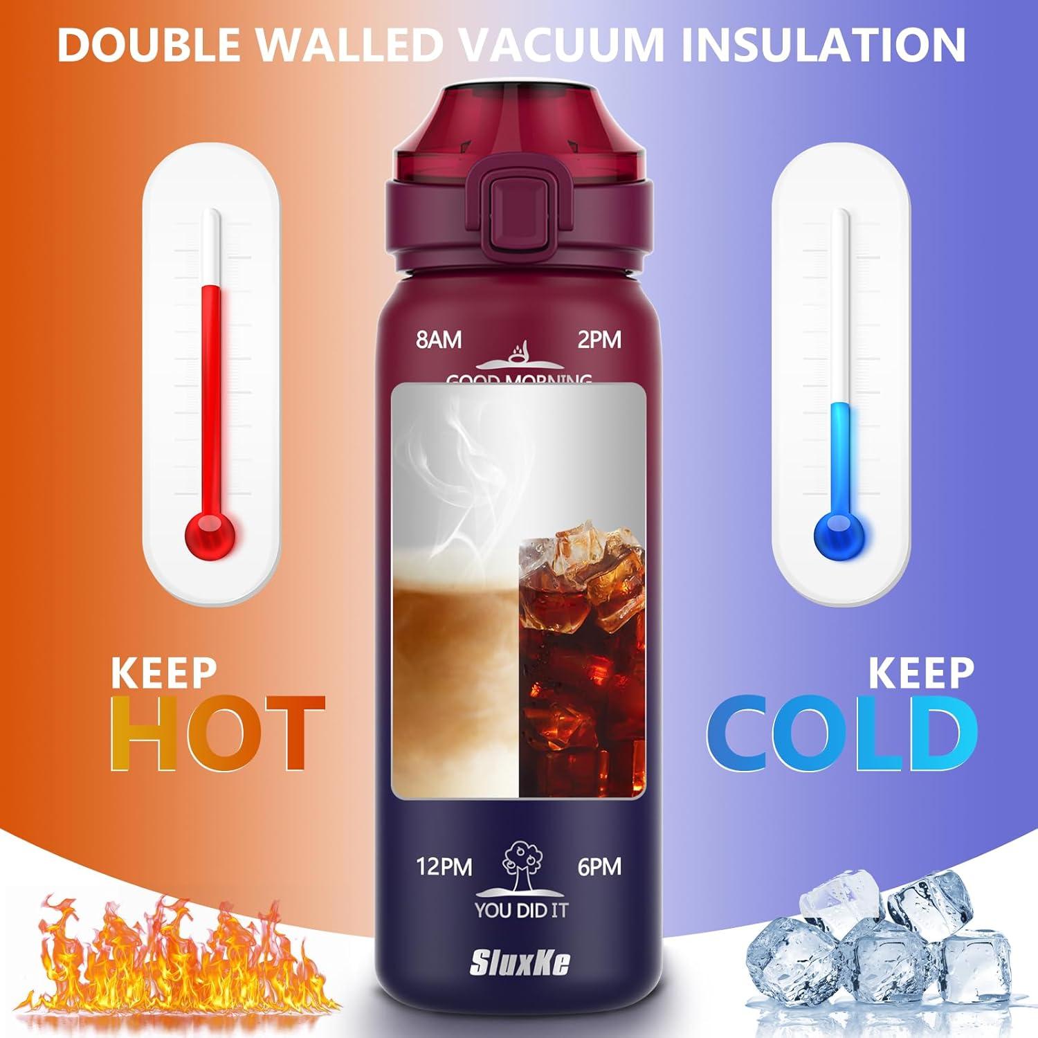 image:imageSLUXKE Gourde Inox 1L avec Marquage De Temps 1000ml Gourde en 1810 Acier Inoxydable avec Handle Rutilisables tanche sans BPA pour Adulte Sport Gym Voyage Bleu BleuRouge Noir
