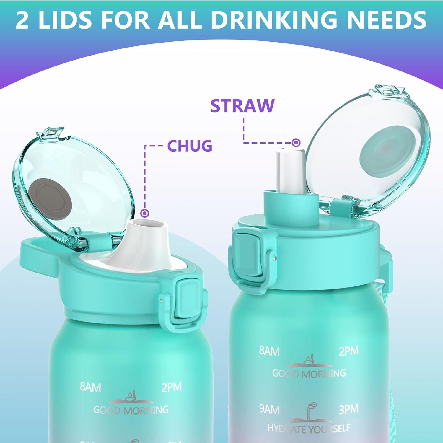 image:imageSLUXKE Gourde Inox 1L avec Marquage De Temps 1000ml Gourde en 1810 Acier Inoxydable avec Handle Rutilisables tanche sans BPA pour Adulte Sport Gym Voyage Bleu BleuVert Rose Violet