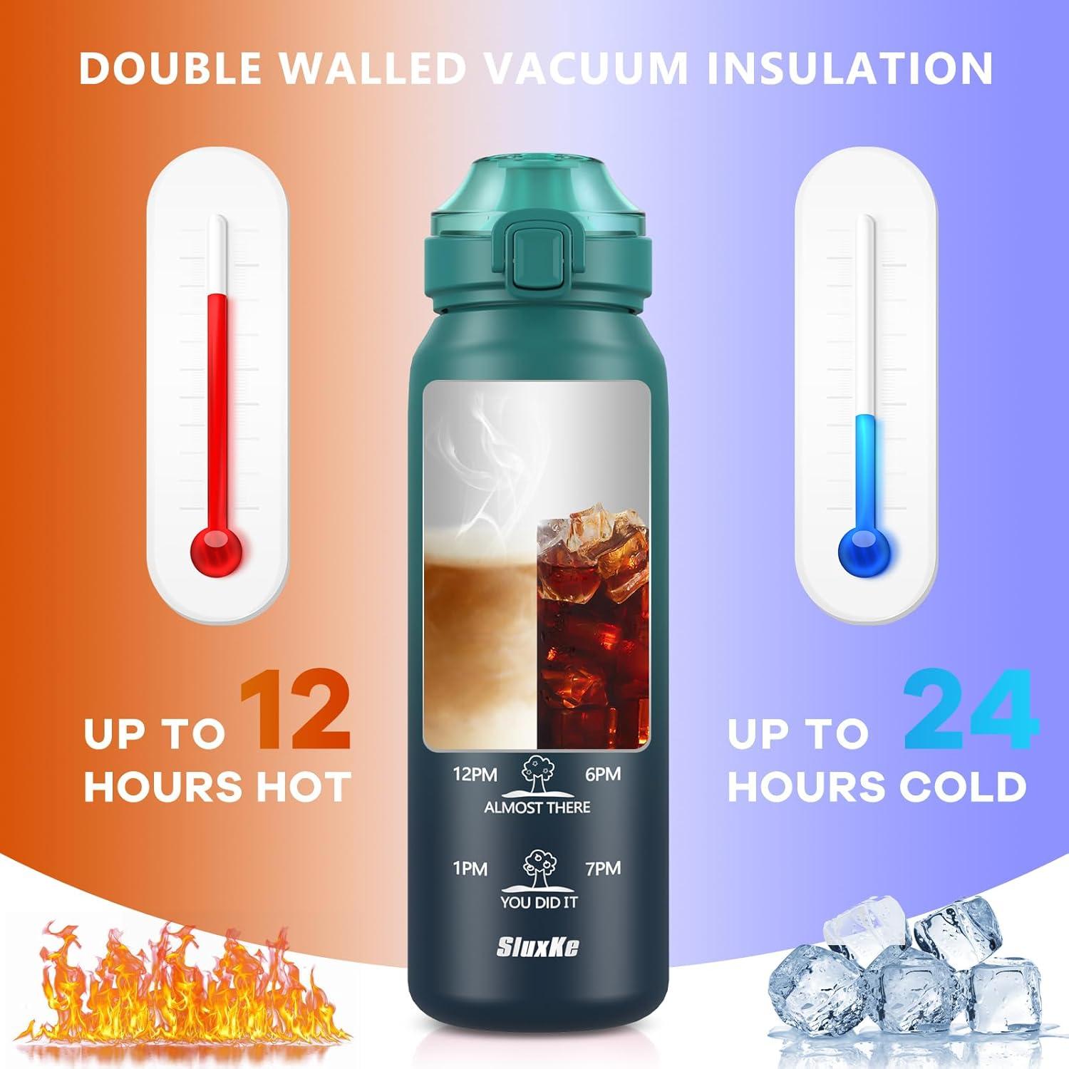 image:imageSLUXKE Gourde Inox 1L avec Marquage De Temps 1000ml Gourde en 1810 Acier Inoxydable avec Handle Rutilisables tanche sans BPA pour Adulte Sport Gym Voyage Bleu BleuBleu Bleu