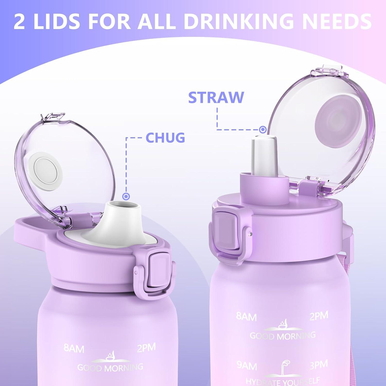 image:imageSLUXKE Gourde Inox 1L avec Marquage De Temps 1000ml Gourde en 1810 Acier Inoxydable avec Handle Rutilisables tanche sans BPA pour Adulte Sport Gym Voyage Bleu BleuViolet Rose