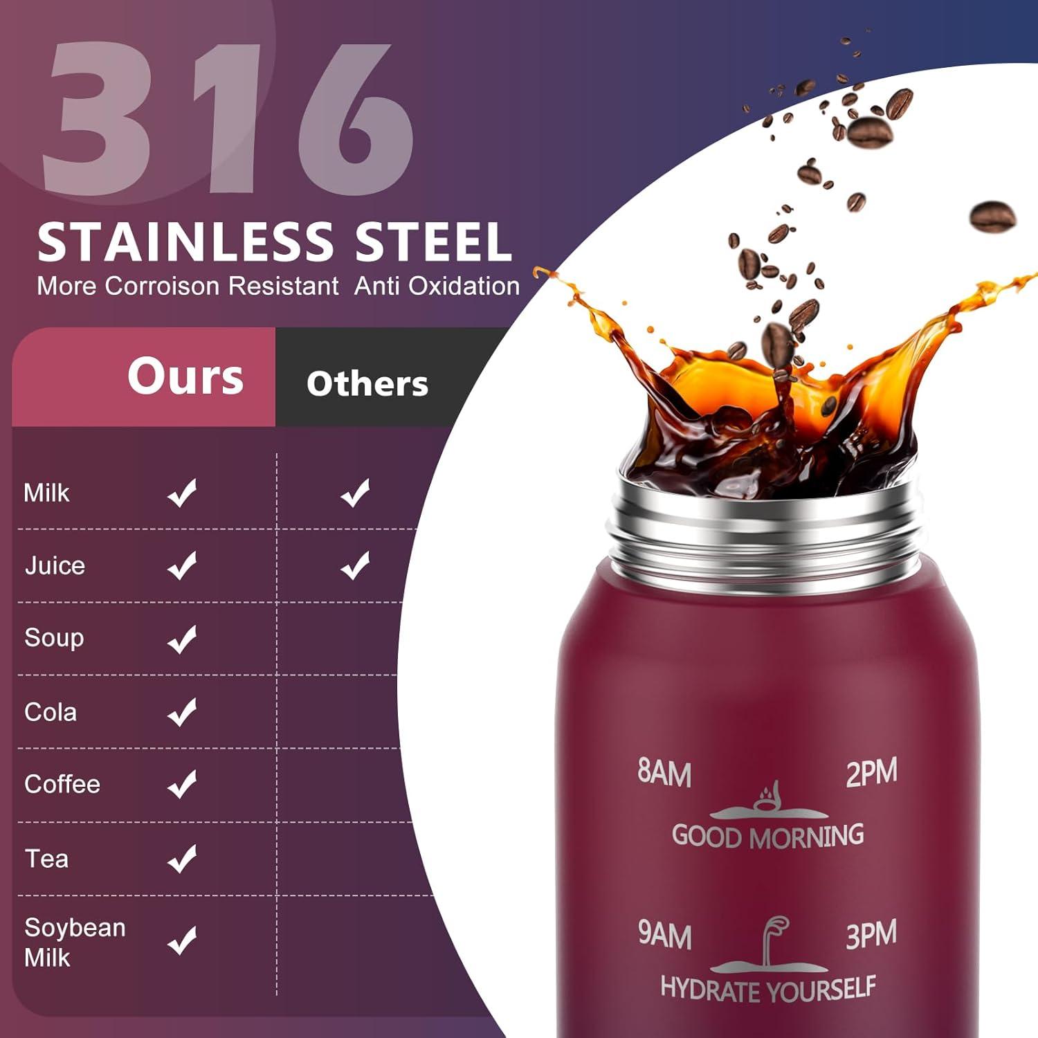 image:imageSLUXKE Gourde Inox 1L avec Marquage De Temps 1000ml Gourde en 1810 Acier Inoxydable avec Handle Rutilisables tanche sans BPA pour Adulte Sport Gym Voyage Bleu BleuRouge Noir
