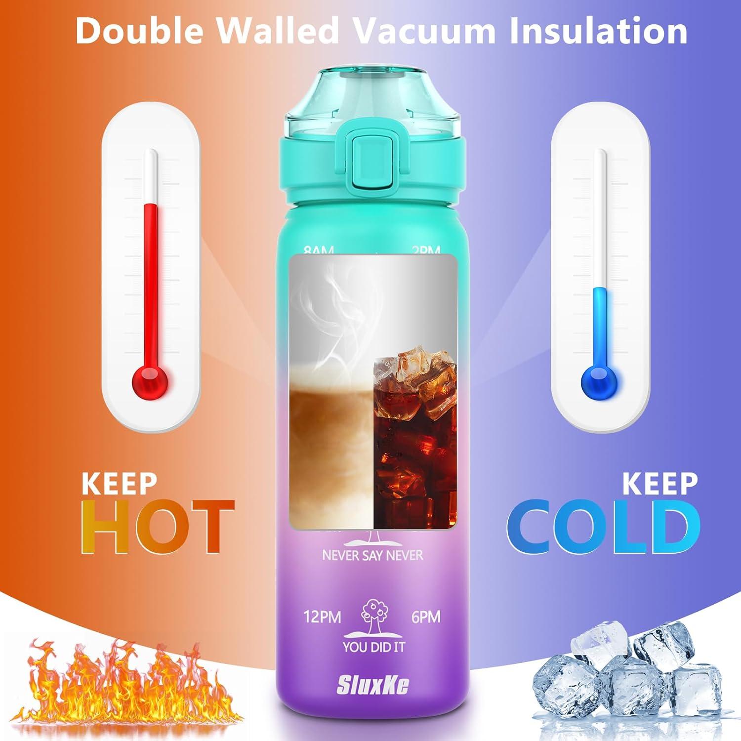 image:imageSLUXKE Gourde Inox 1L avec Marquage De Temps 1000ml Gourde en 1810 Acier Inoxydable avec Handle Rutilisables tanche sans BPA pour Adulte Sport Gym Voyage Bleu BleuVert Rose Violet