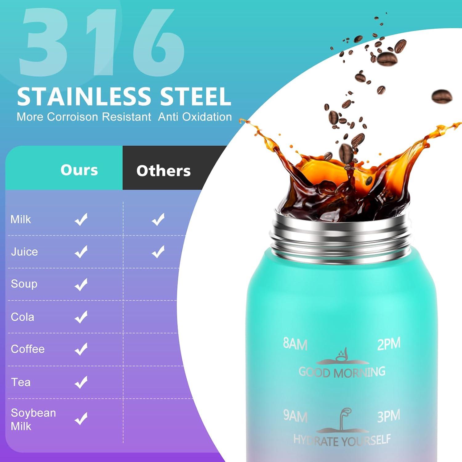 image:imageSLUXKE Gourde Inox 1L avec Marquage De Temps 1000ml Gourde en 1810 Acier Inoxydable avec Handle Rutilisables tanche sans BPA pour Adulte Sport Gym Voyage Bleu BleuVert Rose Violet