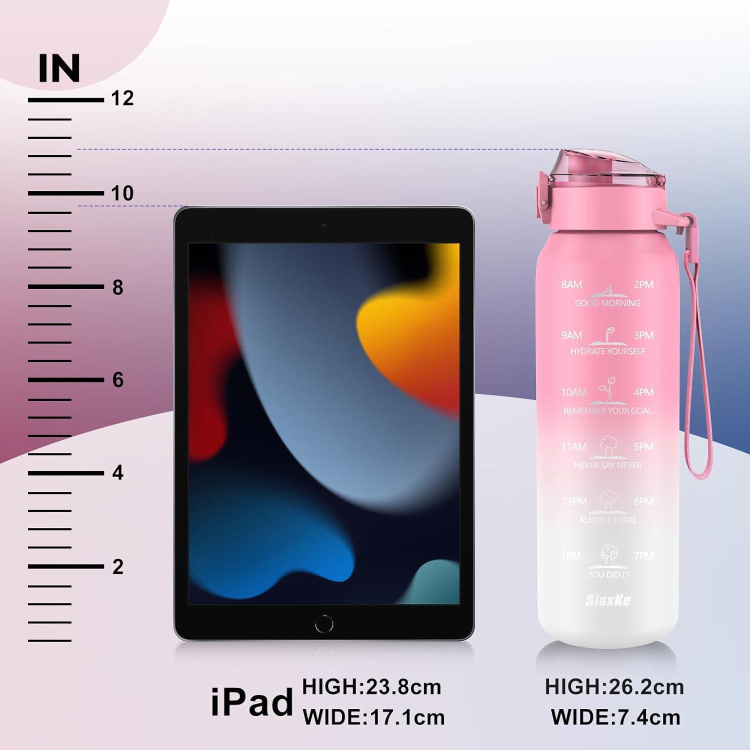 image:imageSLUXKE Gourde Inox 1L avec Marquage De Temps 1000ml Gourde en 1810 Acier Inoxydable avec Handle Rutilisables tanche sans BPA pour Adulte Sport Gym Voyage Bleu BleuBlanc Rose