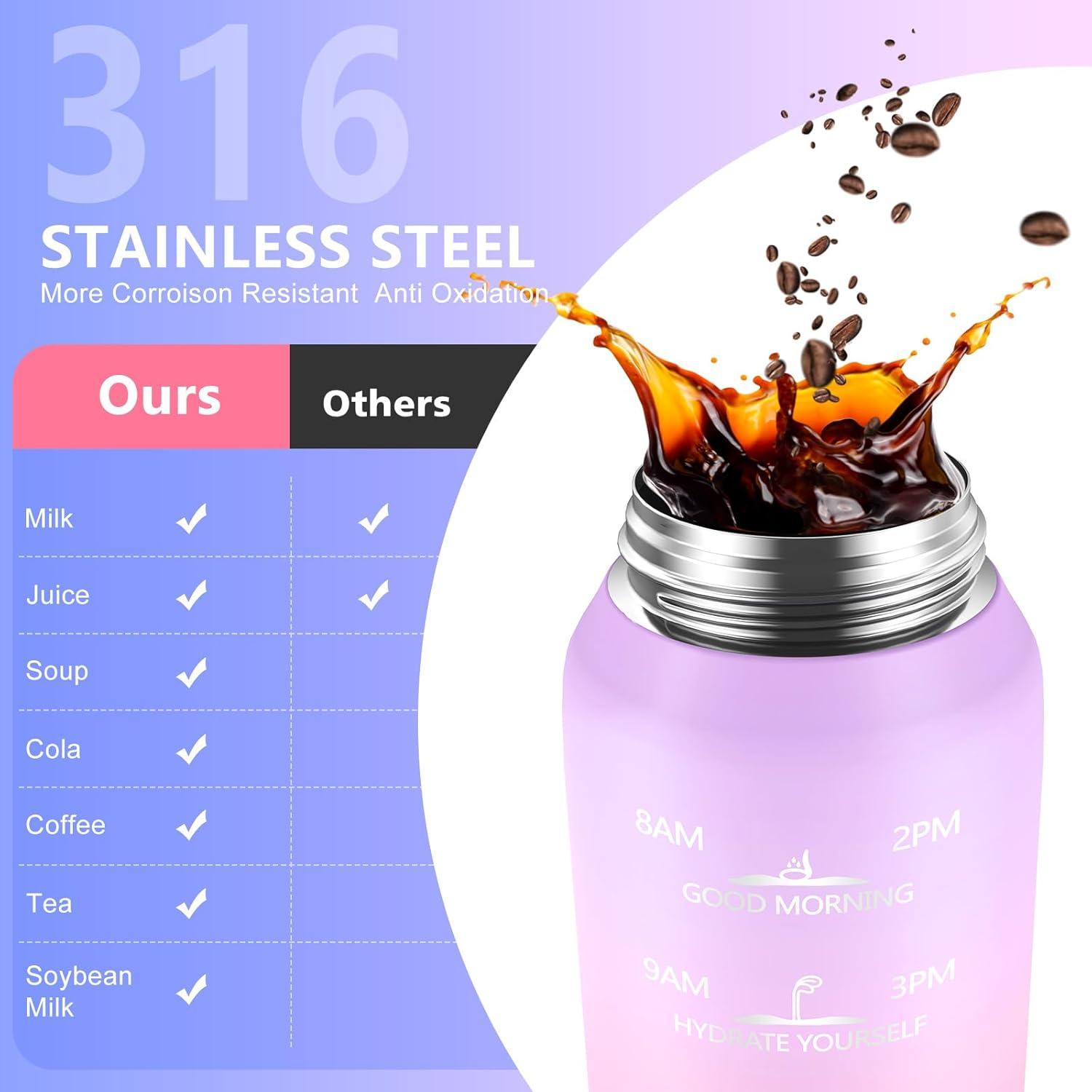 image:imageSLUXKE Gourde Inox 1L avec Marquage De Temps 1000ml Gourde en 1810 Acier Inoxydable avec Handle Rutilisables tanche sans BPA pour Adulte Sport Gym Voyage Bleu BleuViolet Rose