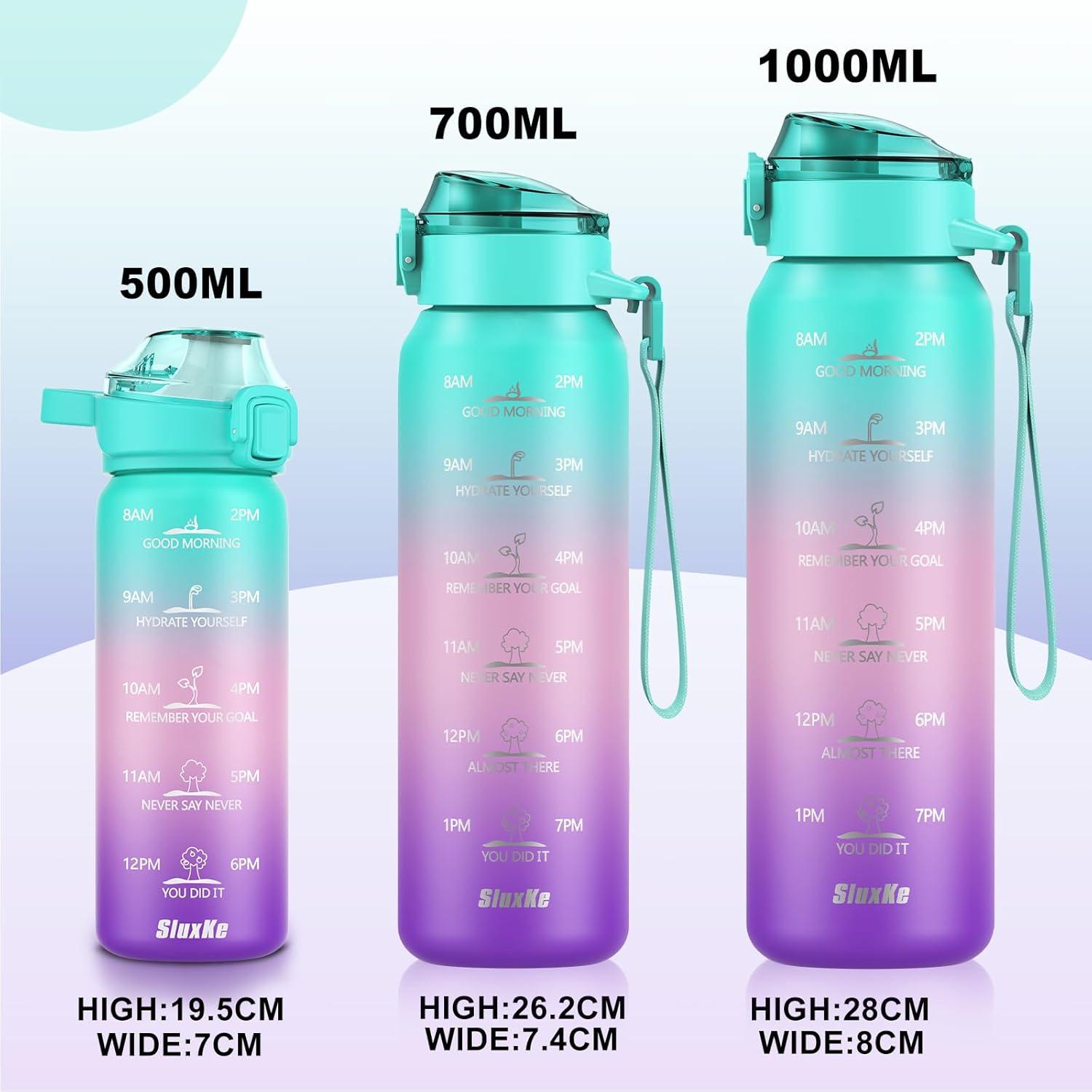 image:imageSLUXKE Gourde Inox 1L avec Marquage De Temps 1000ml Gourde en 1810 Acier Inoxydable avec Handle Rutilisables tanche sans BPA pour Adulte Sport Gym Voyage Bleu BleuVert Rose Violet