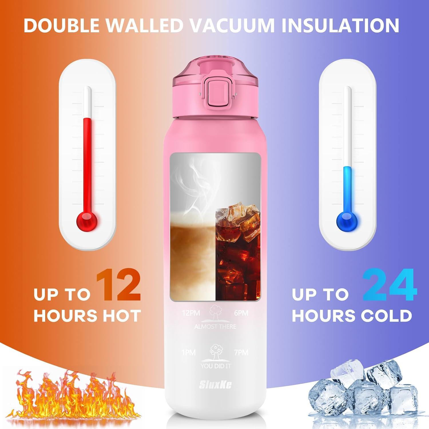 image:imageSLUXKE Gourde Inox 1L avec Marquage De Temps 1000ml Gourde en 1810 Acier Inoxydable avec Handle Rutilisables tanche sans BPA pour Adulte Sport Gym Voyage Bleu BleuBlanc Rose