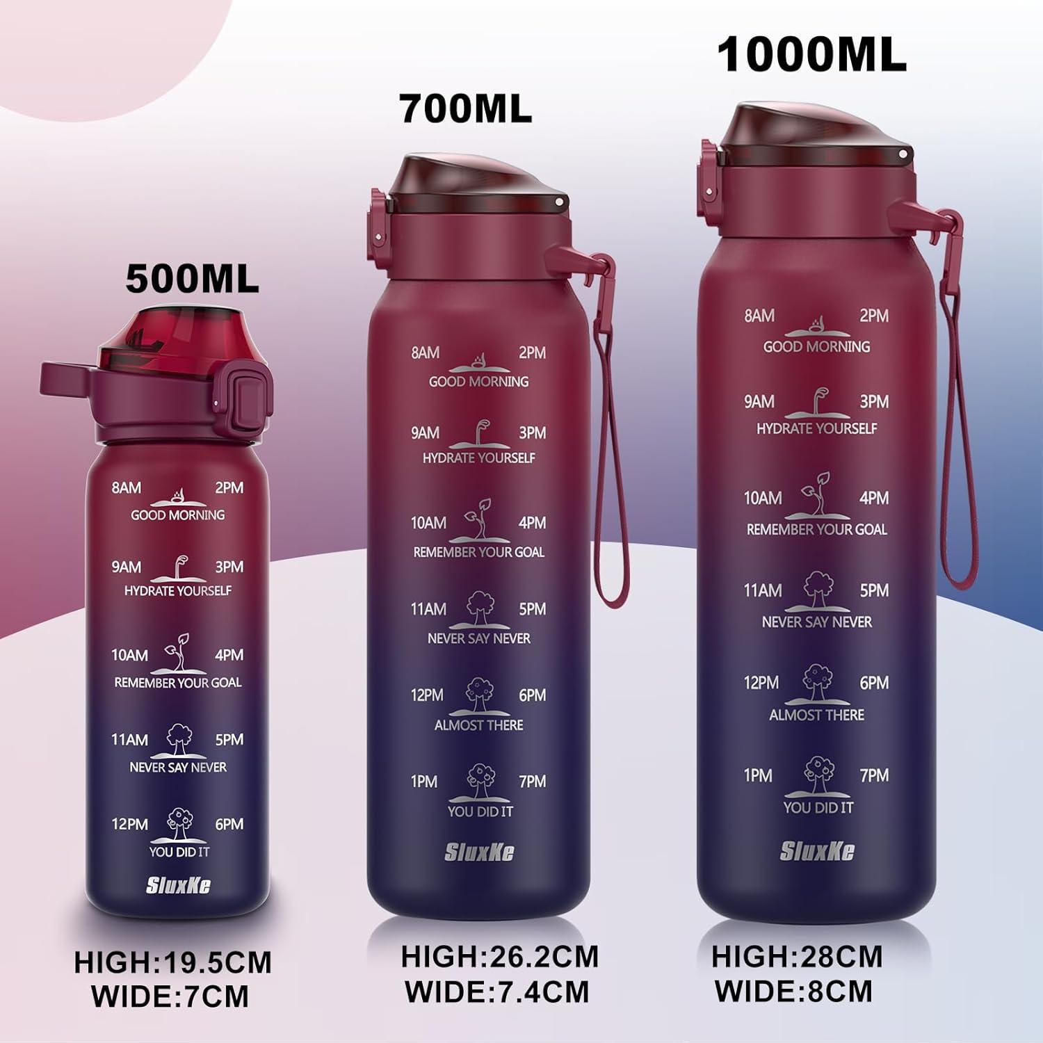 image:imageSLUXKE Gourde Inox 1L avec Marquage De Temps 1000ml Gourde en 1810 Acier Inoxydable avec Handle Rutilisables tanche sans BPA pour Adulte Sport Gym Voyage Bleu BleuRouge Noir