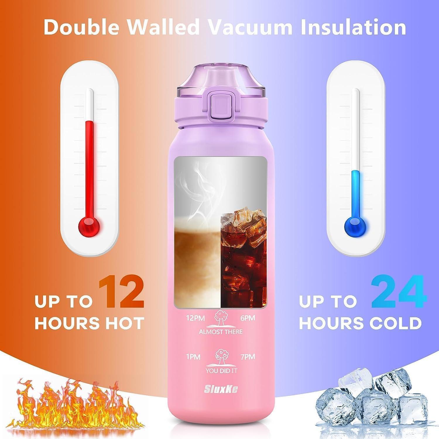 image:imageSLUXKE Gourde Inox 1L avec Marquage De Temps 1000ml Gourde en 1810 Acier Inoxydable avec Handle Rutilisables tanche sans BPA pour Adulte Sport Gym Voyage Bleu BleuViolet Rose