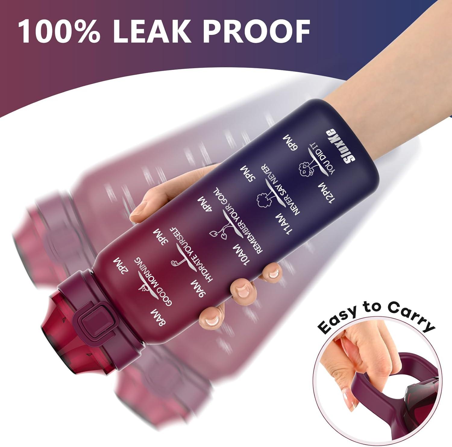 image:imageSLUXKE Gourde Inox 1L avec Marquage De Temps 1000ml Gourde en 1810 Acier Inoxydable avec Handle Rutilisables tanche sans BPA pour Adulte Sport Gym Voyage Bleu BleuRouge Noir