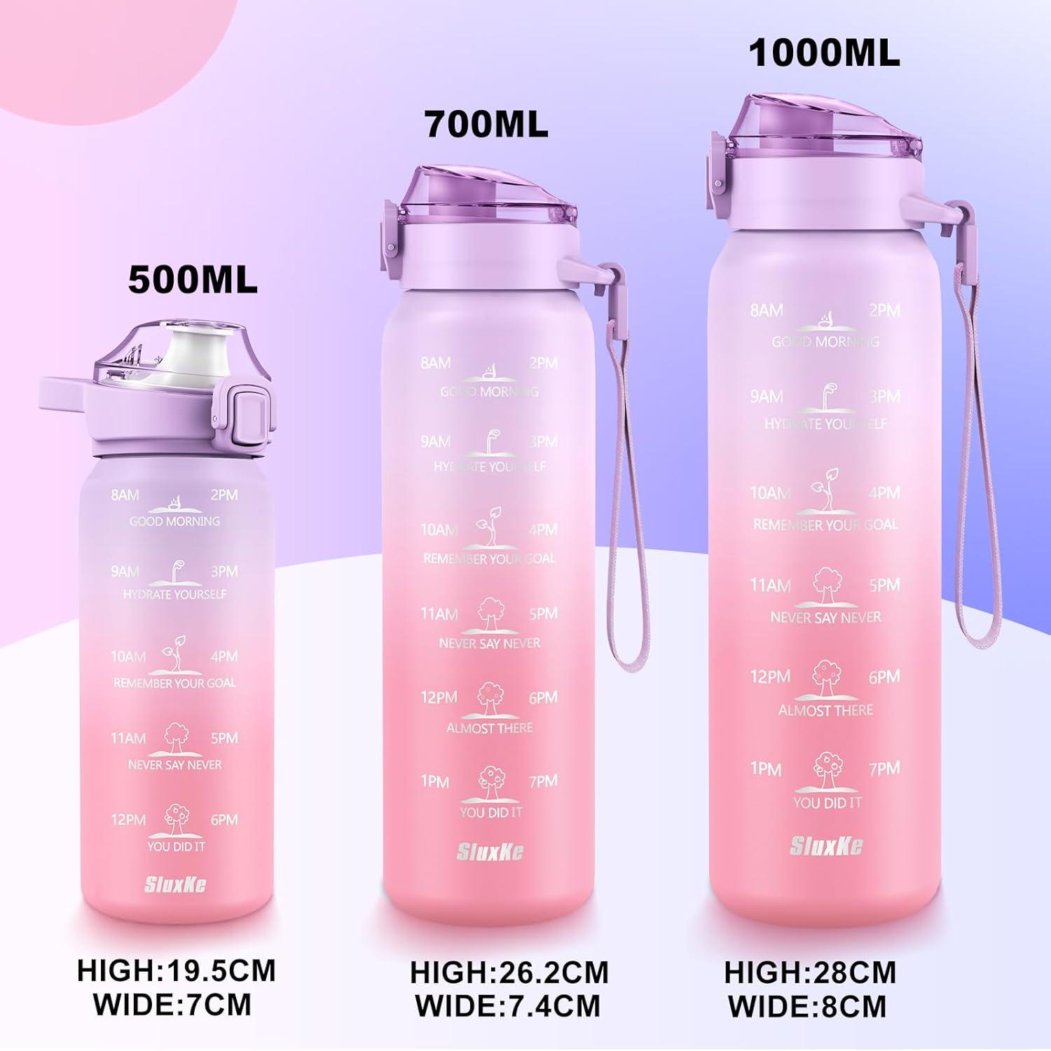 image:imageSLUXKE Gourde Inox 1L avec Marquage De Temps 1000ml Gourde en 1810 Acier Inoxydable avec Handle Rutilisables tanche sans BPA pour Adulte Sport Gym Voyage Bleu BleuViolet Rose