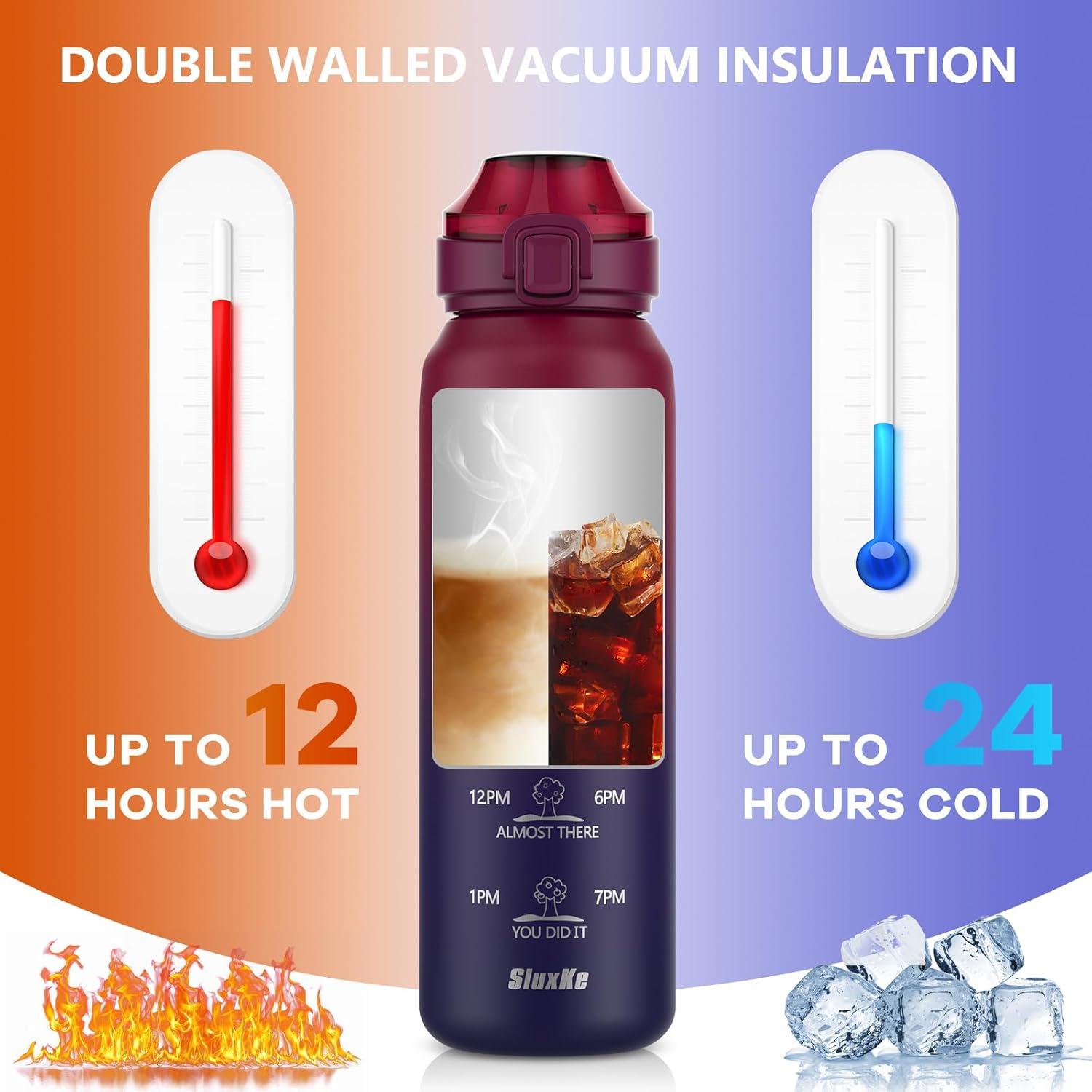 image:imageSLUXKE Gourde Inox 1L avec Marquage De Temps 1000ml Gourde en 1810 Acier Inoxydable avec Handle Rutilisables tanche sans BPA pour Adulte Sport Gym Voyage Bleu BleuRouge Noir
