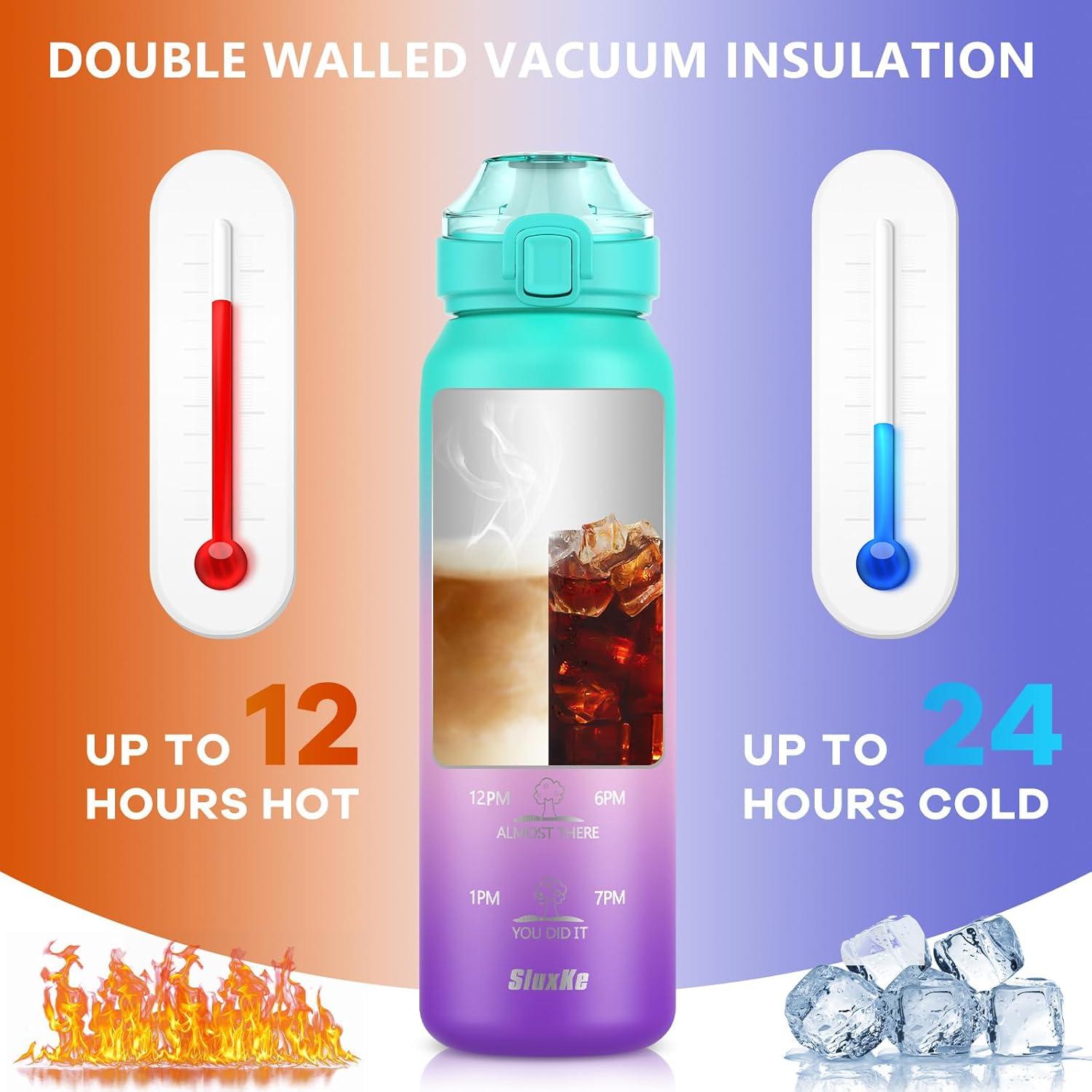 image:imageSLUXKE Gourde Inox 1L avec Marquage De Temps 1000ml Gourde en 1810 Acier Inoxydable avec Handle Rutilisables tanche sans BPA pour Adulte Sport Gym Voyage Bleu BleuVert Rose Violet