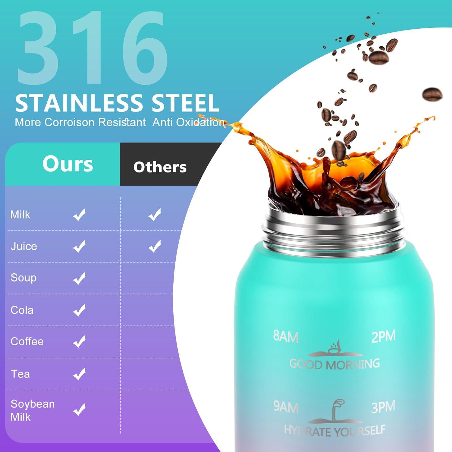 image:imageSLUXKE Gourde Inox 1L avec Marquage De Temps 1000ml Gourde en 1810 Acier Inoxydable avec Handle Rutilisables tanche sans BPA pour Adulte Sport Gym Voyage Bleu BleuVert Rose Violet