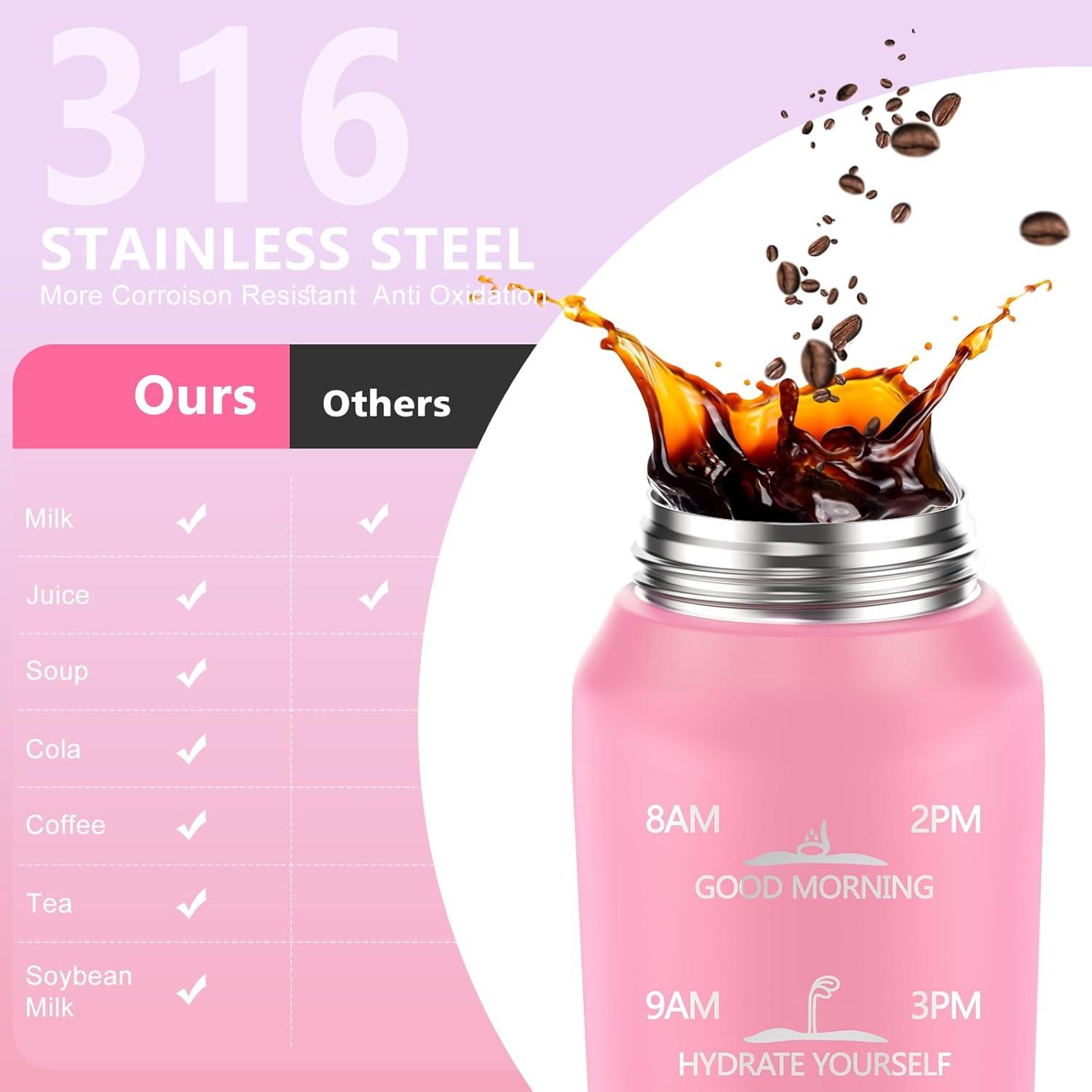 image:imageSLUXKE Gourde Inox 1L avec Marquage De Temps 1000ml Gourde en 1810 Acier Inoxydable avec Handle Rutilisables tanche sans BPA pour Adulte Sport Gym Voyage Bleu BleuBlanc Rose