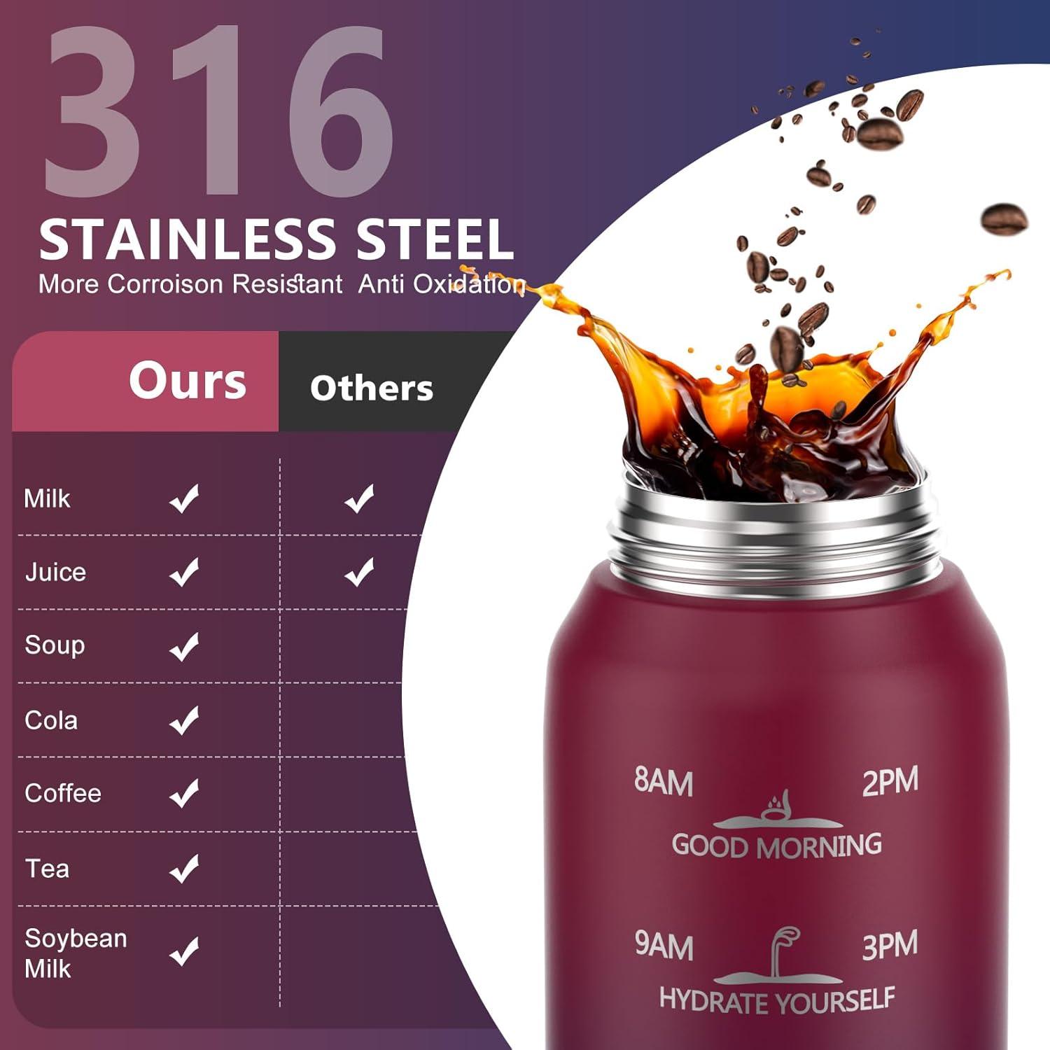 image:imageSLUXKE Gourde Inox 1L avec Marquage De Temps 1000ml Gourde en 1810 Acier Inoxydable avec Handle Rutilisables tanche sans BPA pour Adulte Sport Gym Voyage Bleu BleuRouge Noir