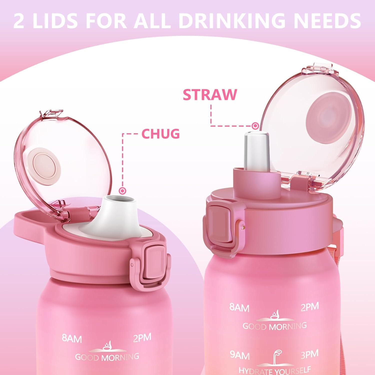 image:imageSLUXKE Gourde Inox 1L avec Marquage De Temps 1000ml Gourde en 1810 Acier Inoxydable avec Handle Rutilisables tanche sans BPA pour Adulte Sport Gym Voyage Bleu BleuBlanc Rose