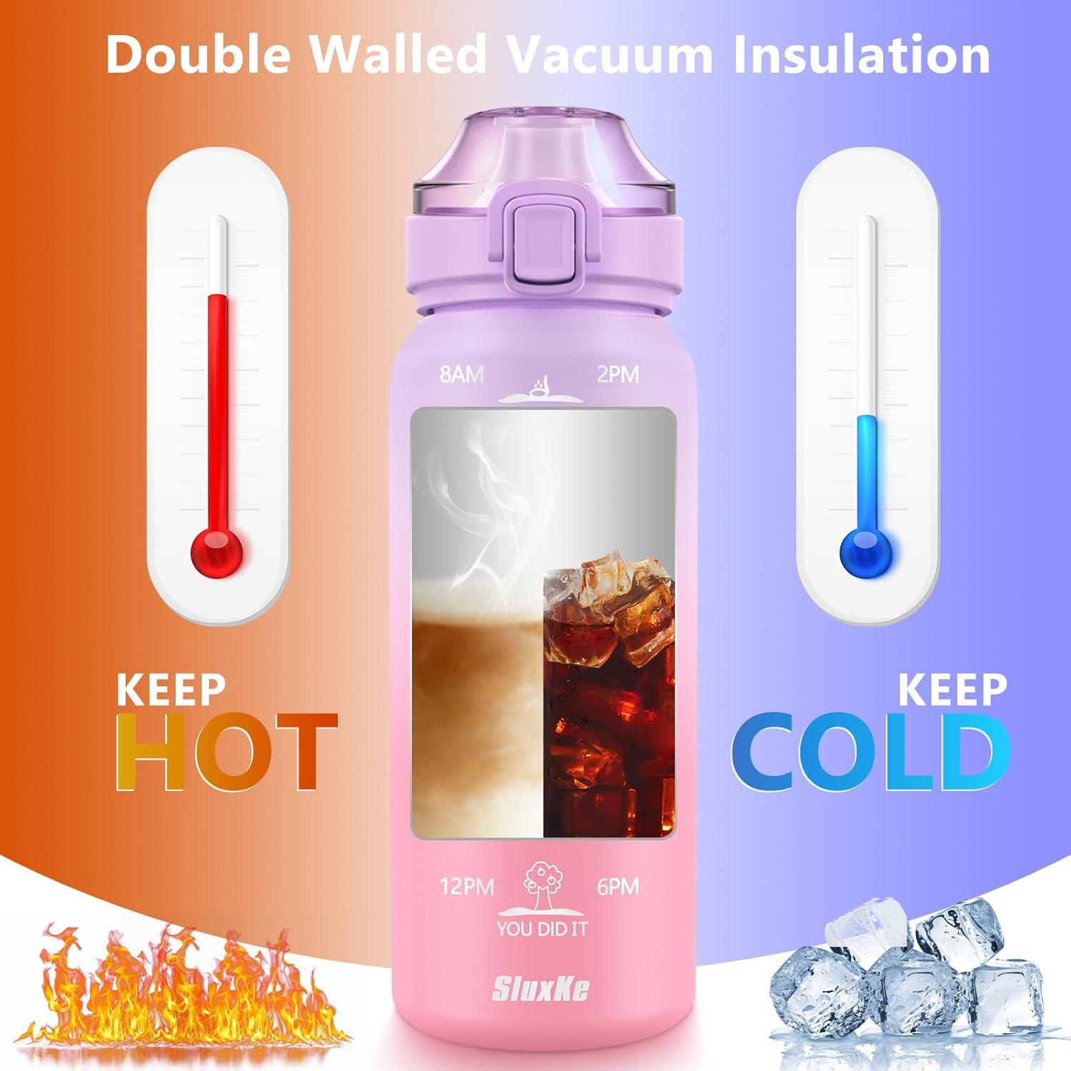 image:imageSLUXKE Gourde Inox 1L avec Marquage De Temps 1000ml Gourde en 1810 Acier Inoxydable avec Handle Rutilisables tanche sans BPA pour Adulte Sport Gym Voyage Bleu BleuViolet Rose