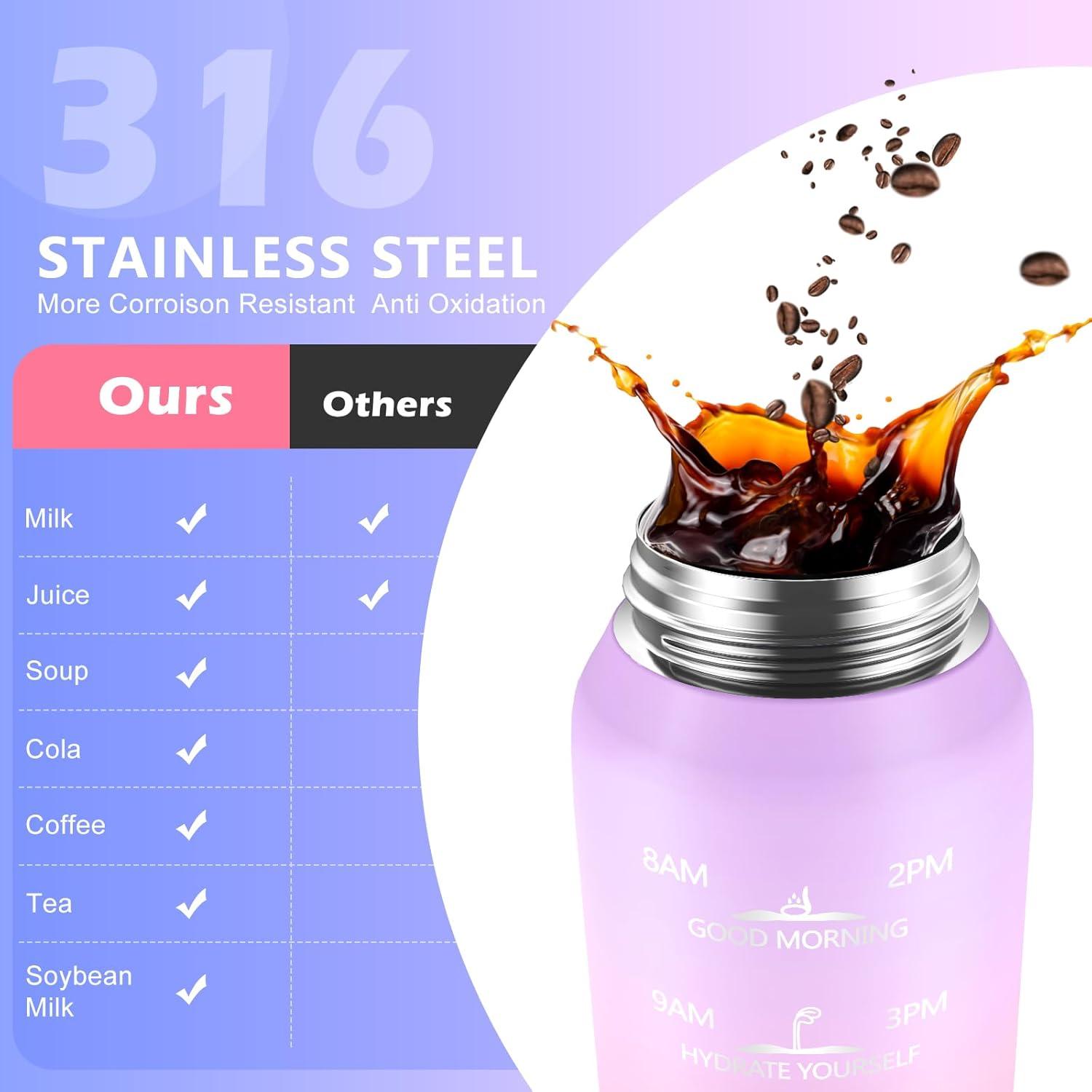 image:imageSLUXKE Gourde Inox 1L avec Marquage De Temps 1000ml Gourde en 1810 Acier Inoxydable avec Handle Rutilisables tanche sans BPA pour Adulte Sport Gym Voyage Bleu BleuViolet Rose
